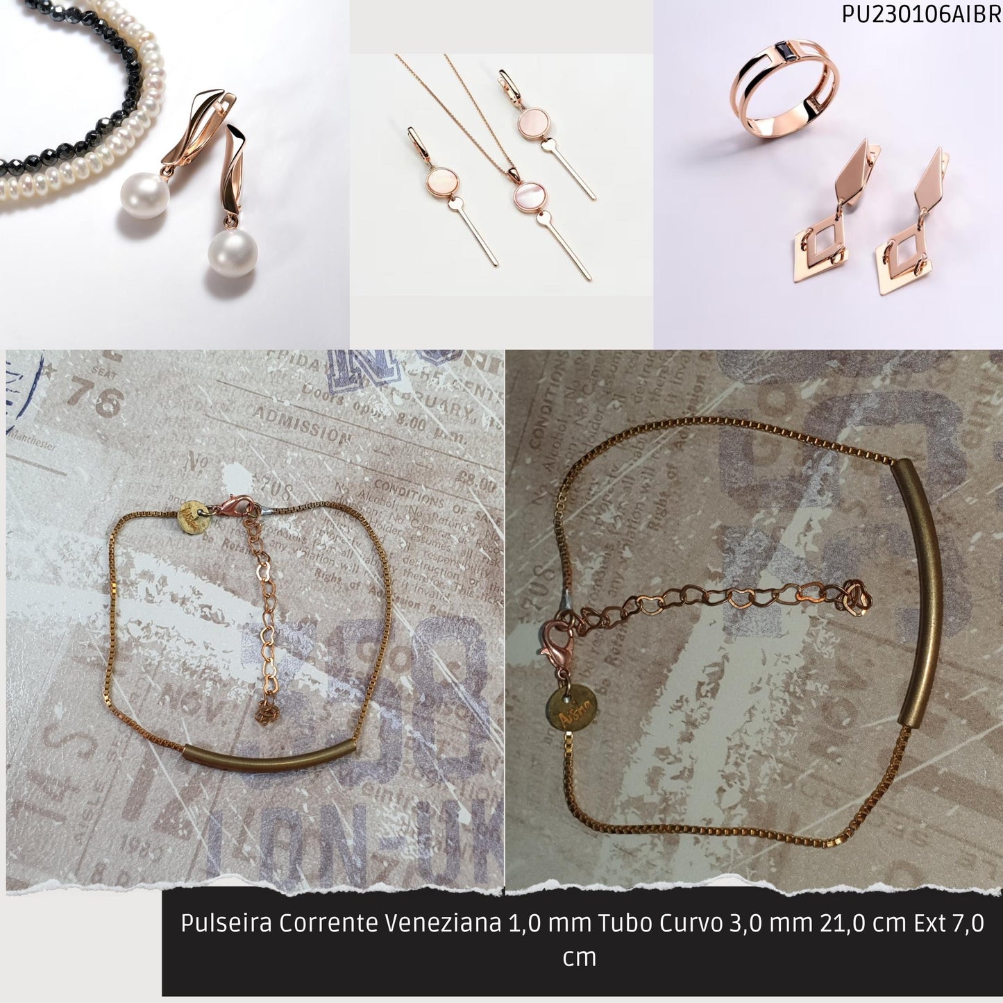 Pulseira Corrente Veneziana 1.0 mm Tubo Curvo 3.0 mm 21.0 cm Ext 7.0 cm   - Código.: PU230106AIBR  - Peso.: 2.9 gr