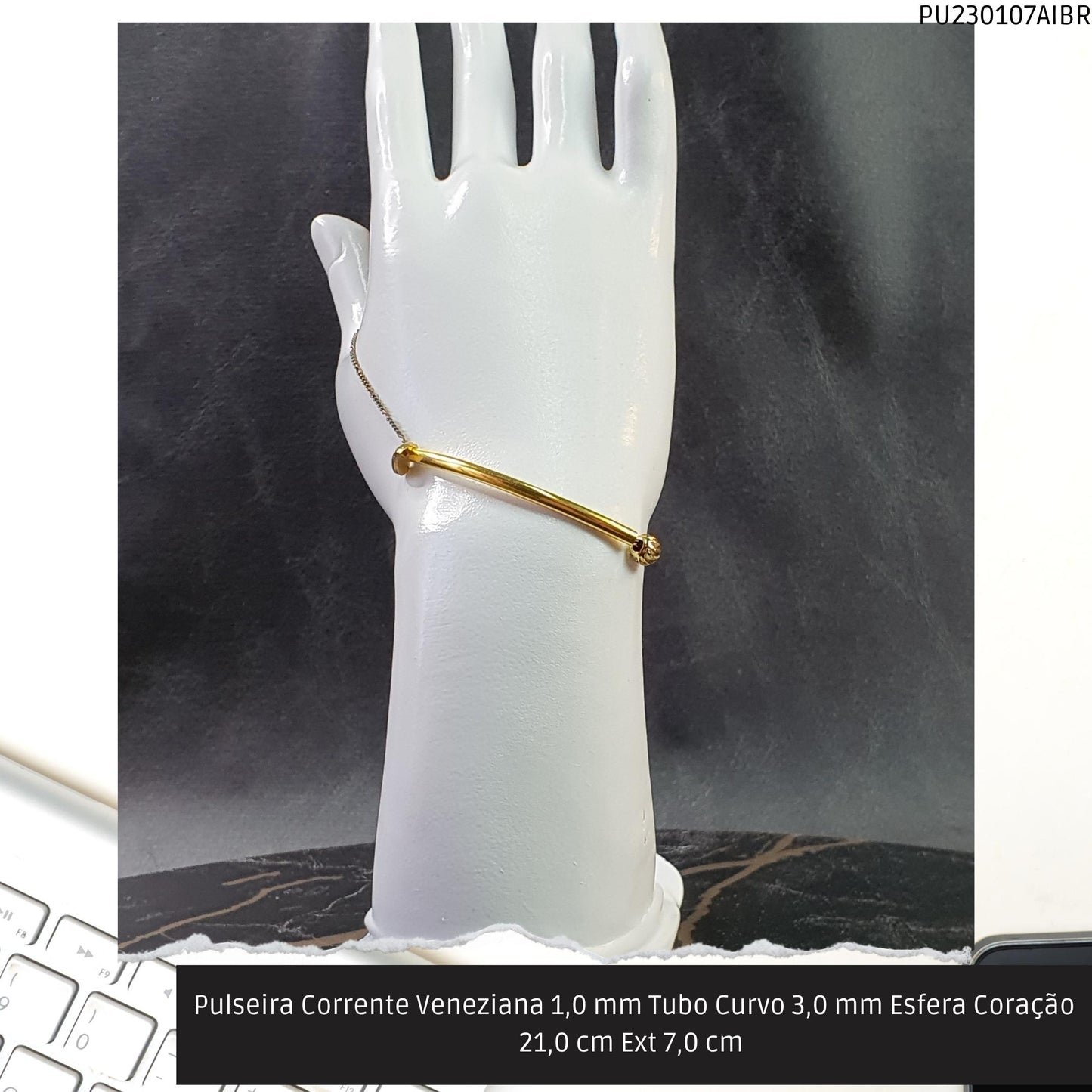 Pulseira Corrente Veneziana 1.0 mm Tubo Curvo 3.0 mm Esfera Coração 21.0 cm Ext 7.0 cm   - Código.: PU230107AIBR  - Peso.: 2.8 gr