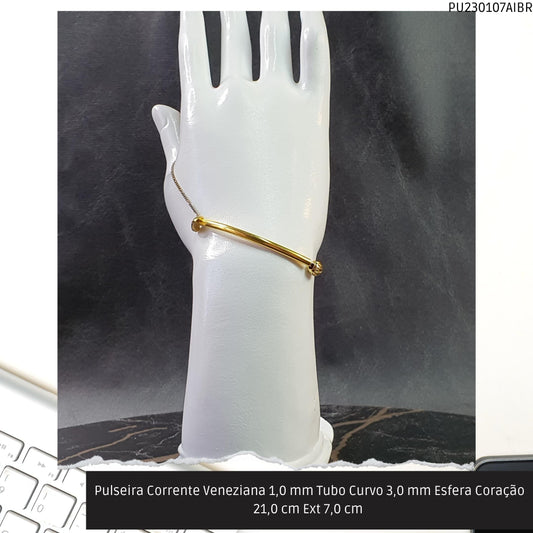 Pulseira Corrente Veneziana 1.0 mm Tubo Curvo 3.0 mm Esfera Coração 21.0 cm Ext 7.0 cm   - Código.: PU230107AIBR  - Peso.: 2.8 gr