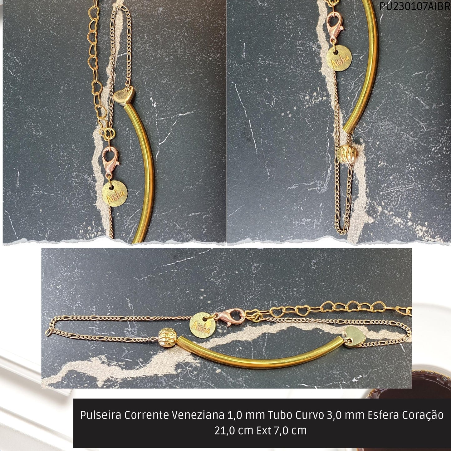 Pulseira Corrente Veneziana 1.0 mm Tubo Curvo 3.0 mm Esfera Coração 21.0 cm Ext 7.0 cm   - Código.: PU230107AIBR  - Peso.: 2.8 gr
