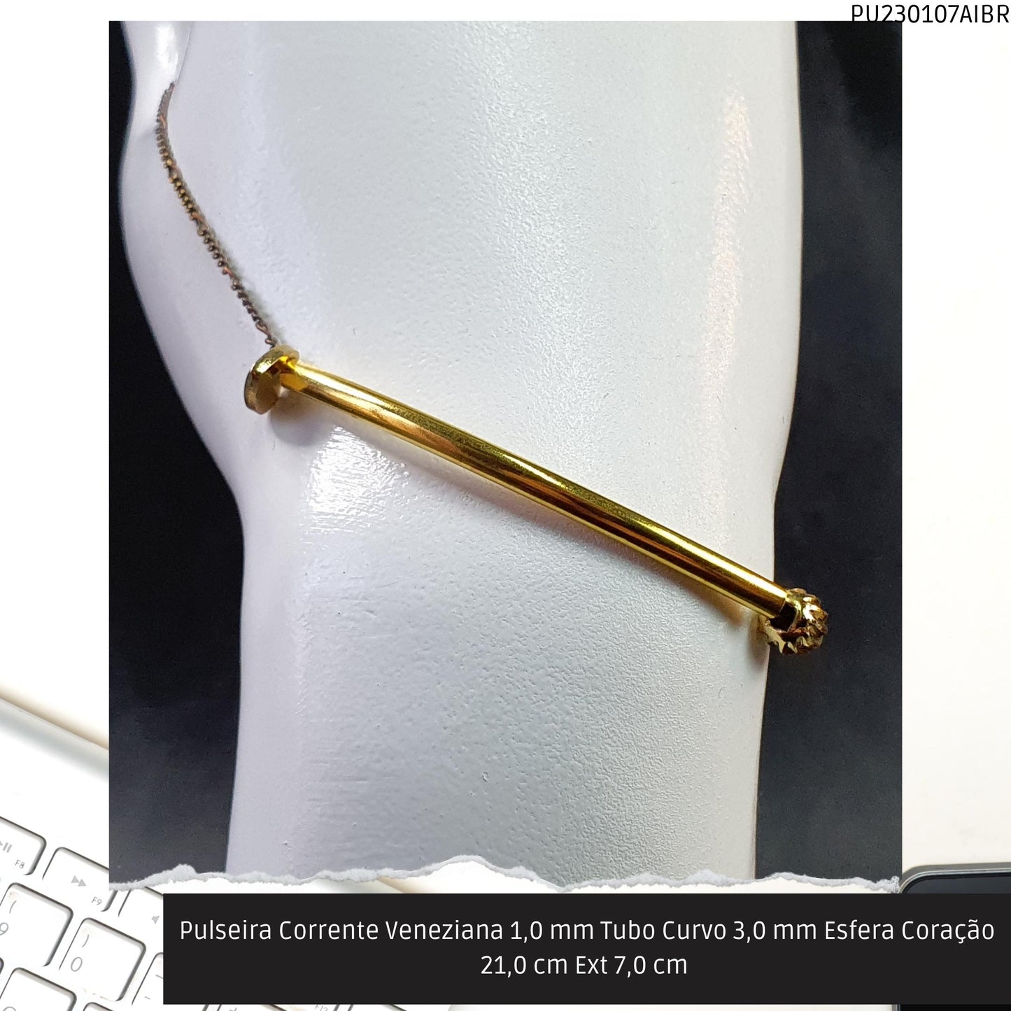 Pulseira Corrente Veneziana 1.0 mm Tubo Curvo 3.0 mm Esfera Coração 21.0 cm Ext 7.0 cm   - Código.: PU230107AIBR  - Peso.: 2.8 gr