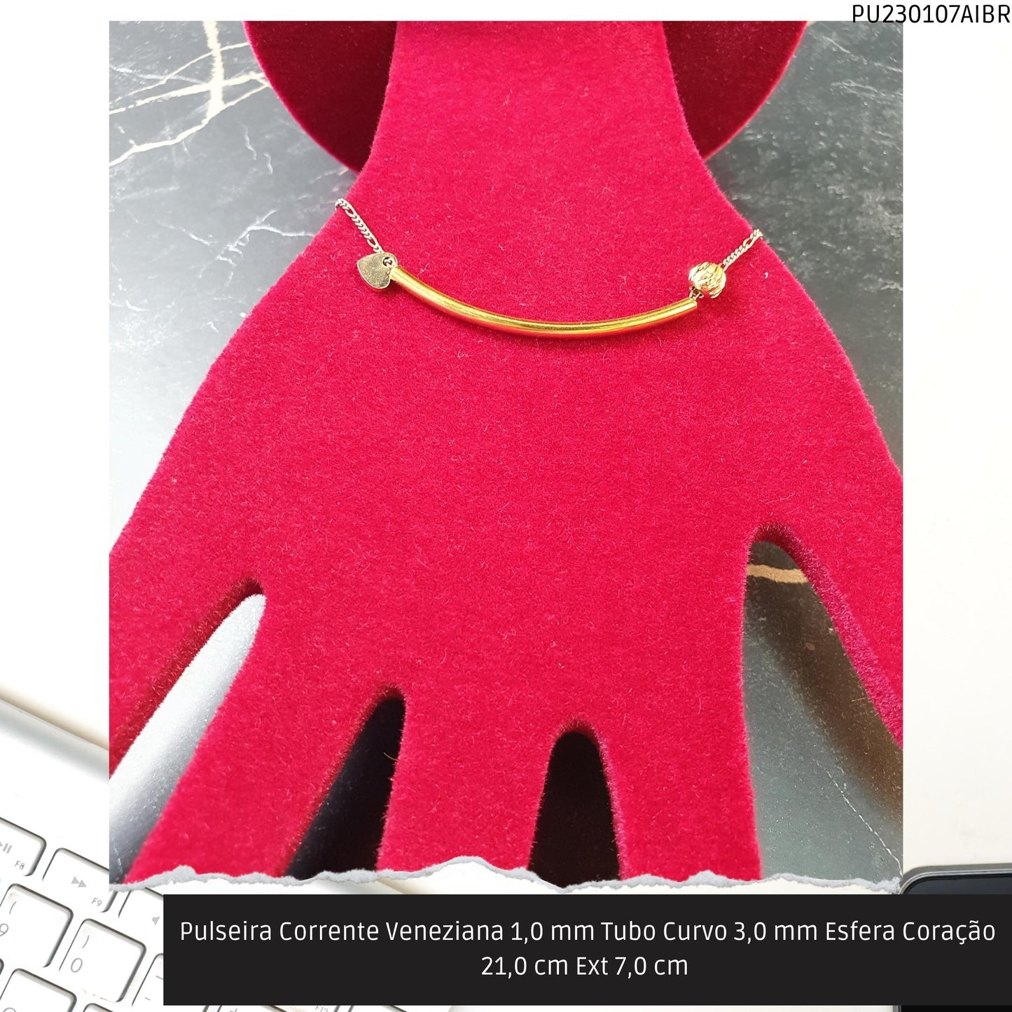 Pulseira Corrente Veneziana 1.0 mm Tubo Curvo 3.0 mm Esfera Coração 21.0 cm Ext 7.0 cm   - Código.: PU230107AIBR  - Peso.: 2.8 gr