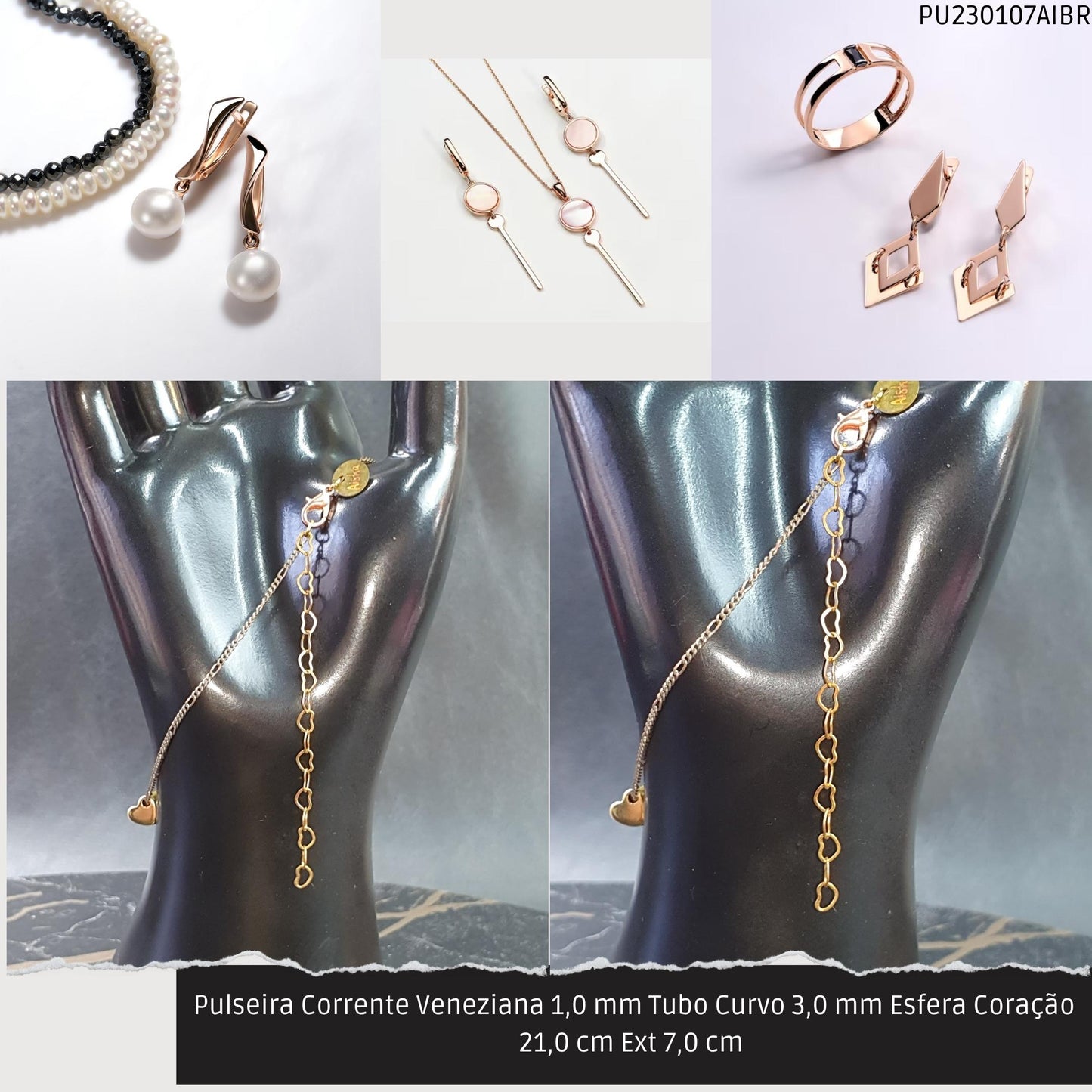 Pulseira Corrente Veneziana 1.0 mm Tubo Curvo 3.0 mm Esfera Coração 21.0 cm Ext 7.0 cm   - Código.: PU230107AIBR  - Peso.: 2.8 gr