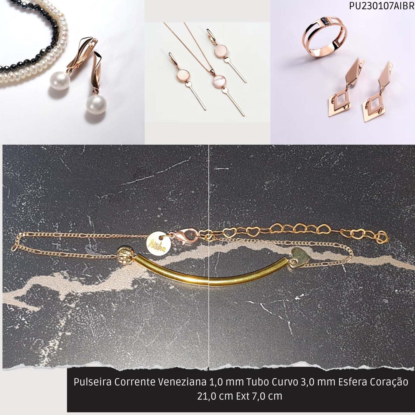 Pulseira Corrente Veneziana 1.0 mm Tubo Curvo 3.0 mm Esfera Coração 21.0 cm Ext 7.0 cm   - Código.: PU230107AIBR  - Peso.: 2.8 gr