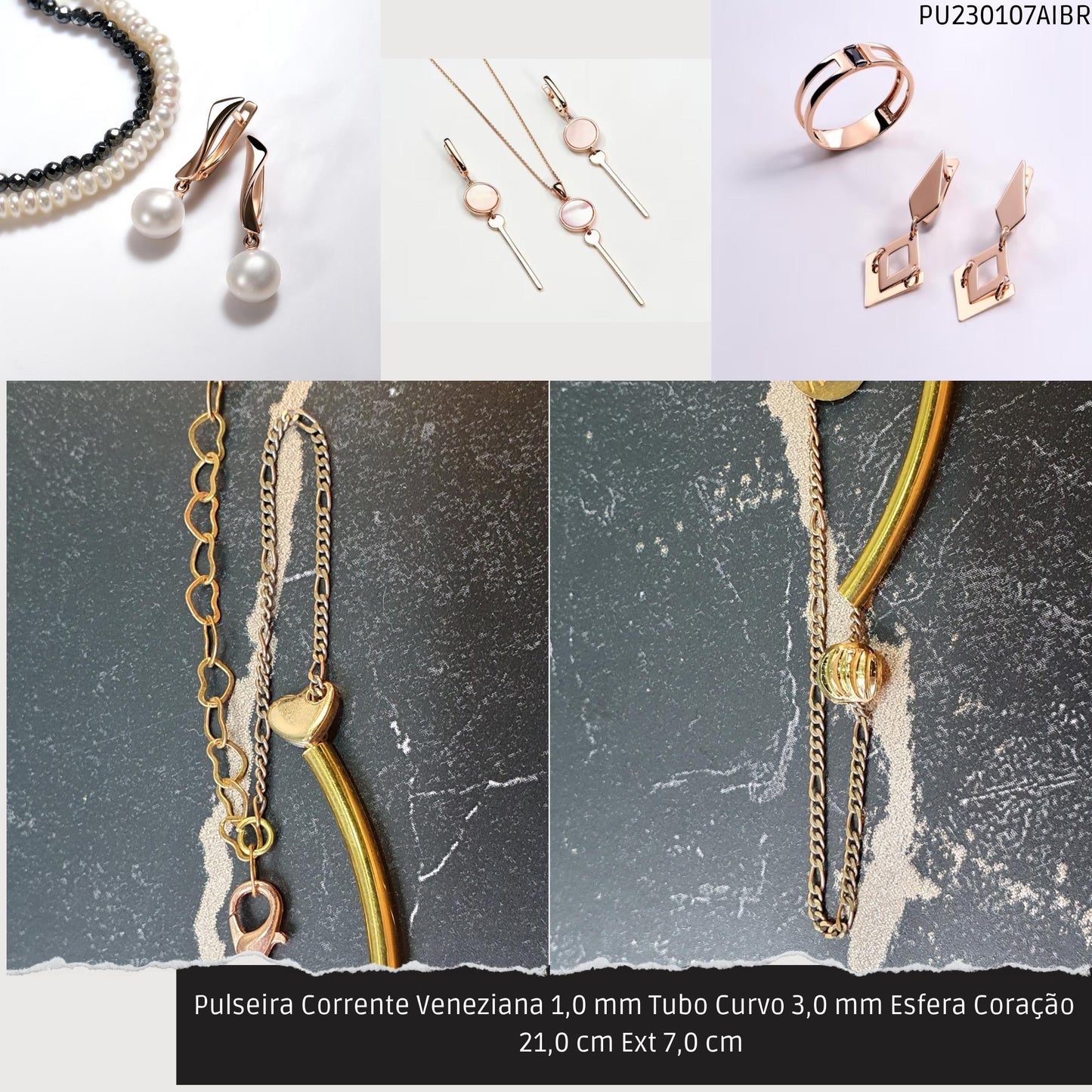 Pulseira Corrente Veneziana 1.0 mm Tubo Curvo 3.0 mm Esfera Coração 21.0 cm Ext 7.0 cm   - Código.: PU230107AIBR  - Peso.: 2.8 gr