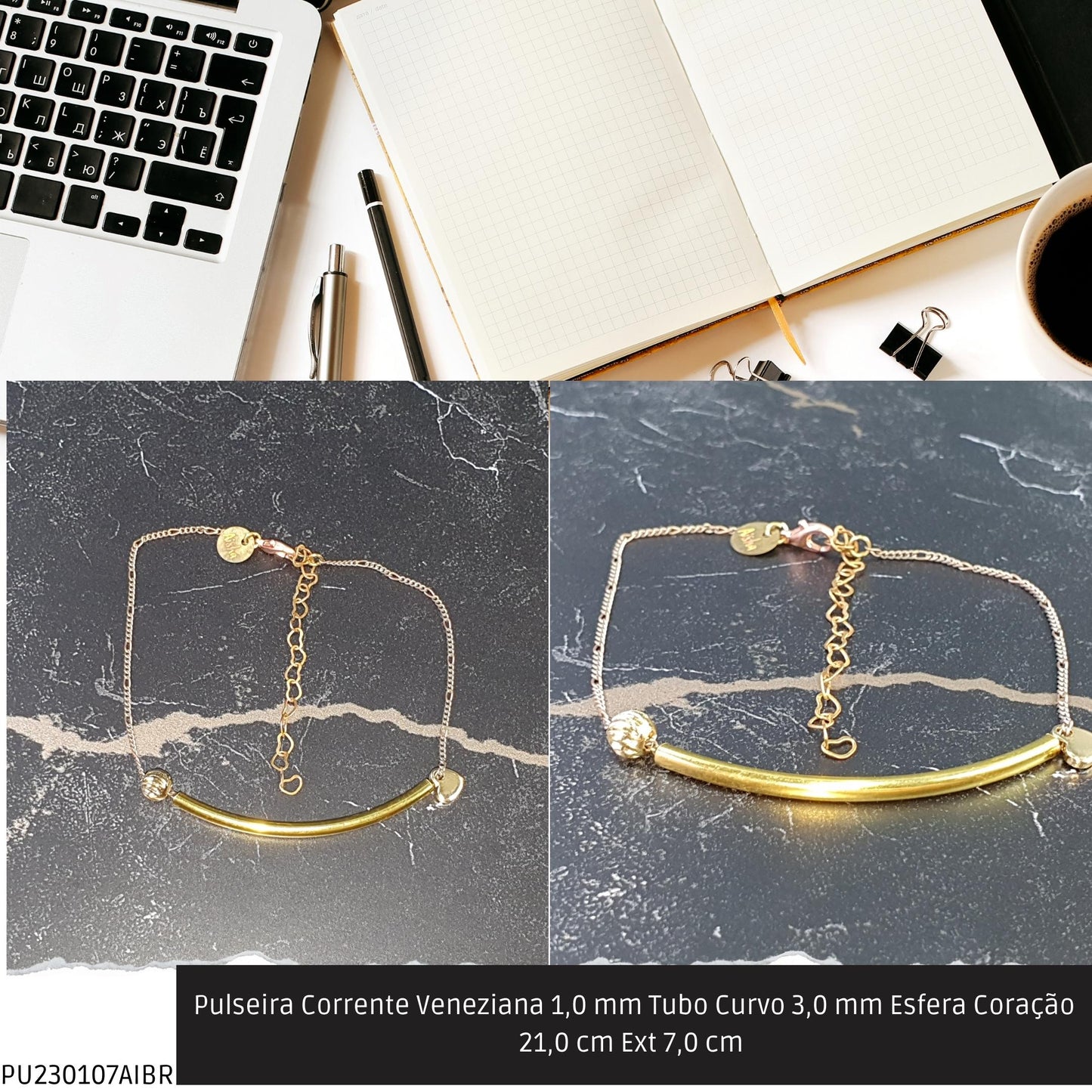 Pulseira Corrente Veneziana 1.0 mm Tubo Curvo 3.0 mm Esfera Coração 21.0 cm Ext 7.0 cm   - Código.: PU230107AIBR  - Peso.: 2.8 gr