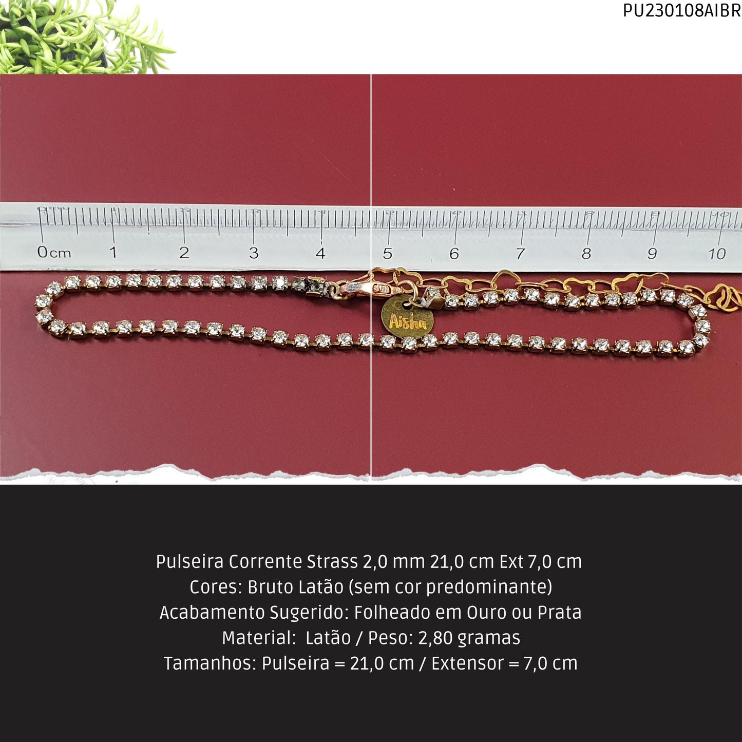 Pulseira Corrente Strass 2.0 mm 21.0 cm Ext 7.0 cm   - Código.: PU230108AIBR  - Peso.: 2.8 gr