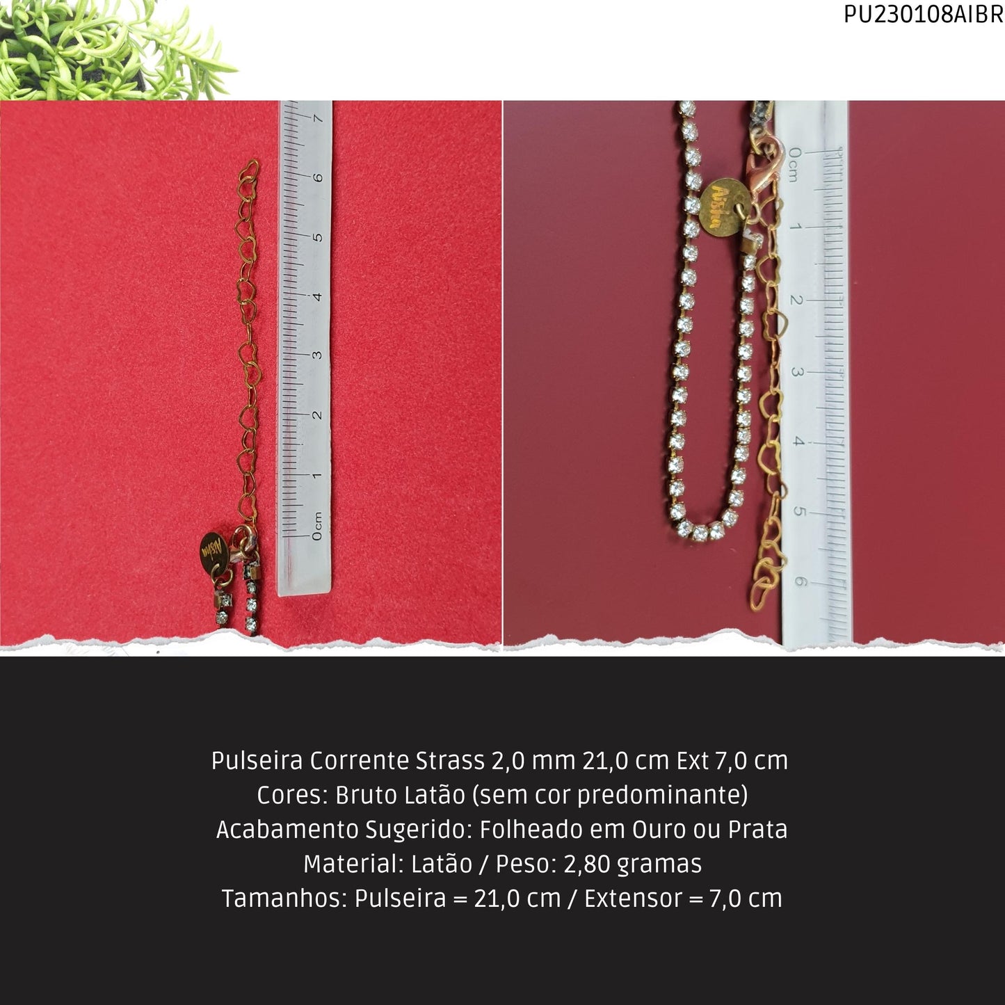 Pulseira Corrente Strass 2.0 mm 21.0 cm Ext 7.0 cm   - Código.: PU230108AIBR  - Peso.: 2.8 gr
