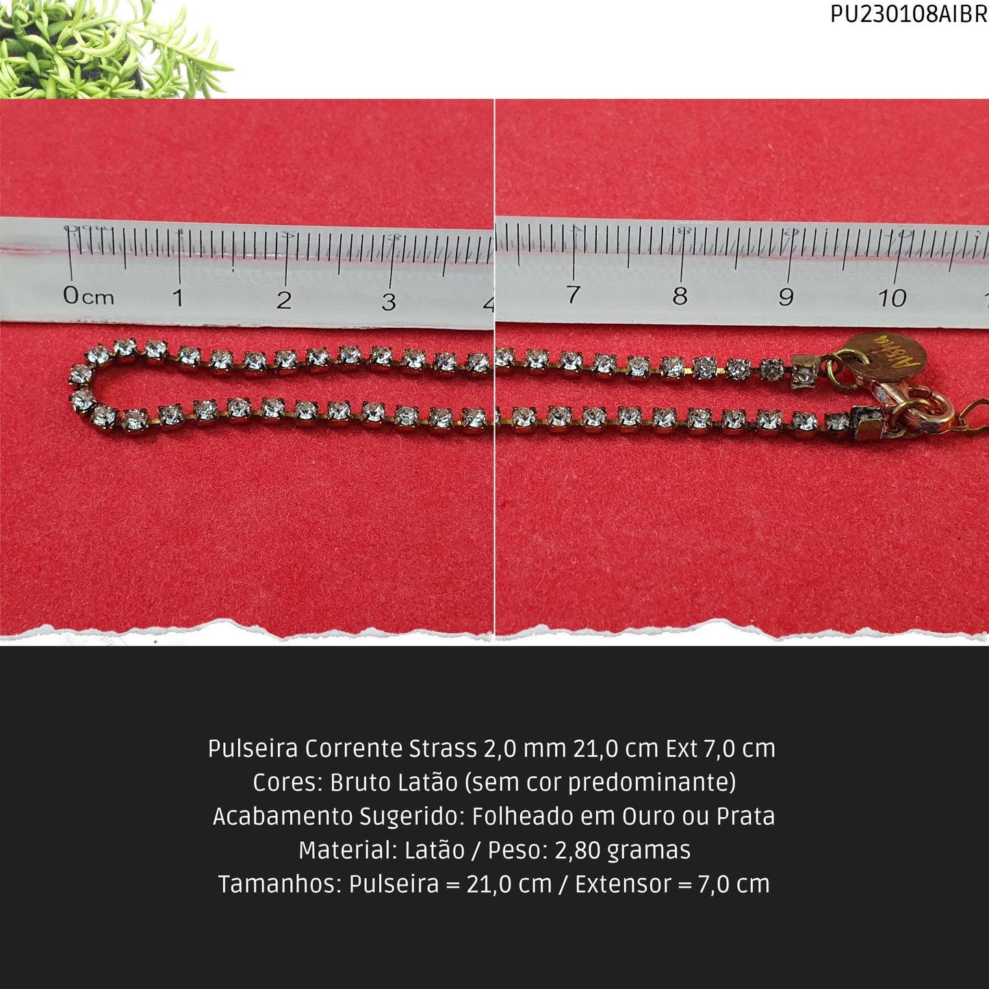 Pulseira Corrente Strass 2.0 mm 21.0 cm Ext 7.0 cm   - Código.: PU230108AIBR  - Peso.: 2.8 gr