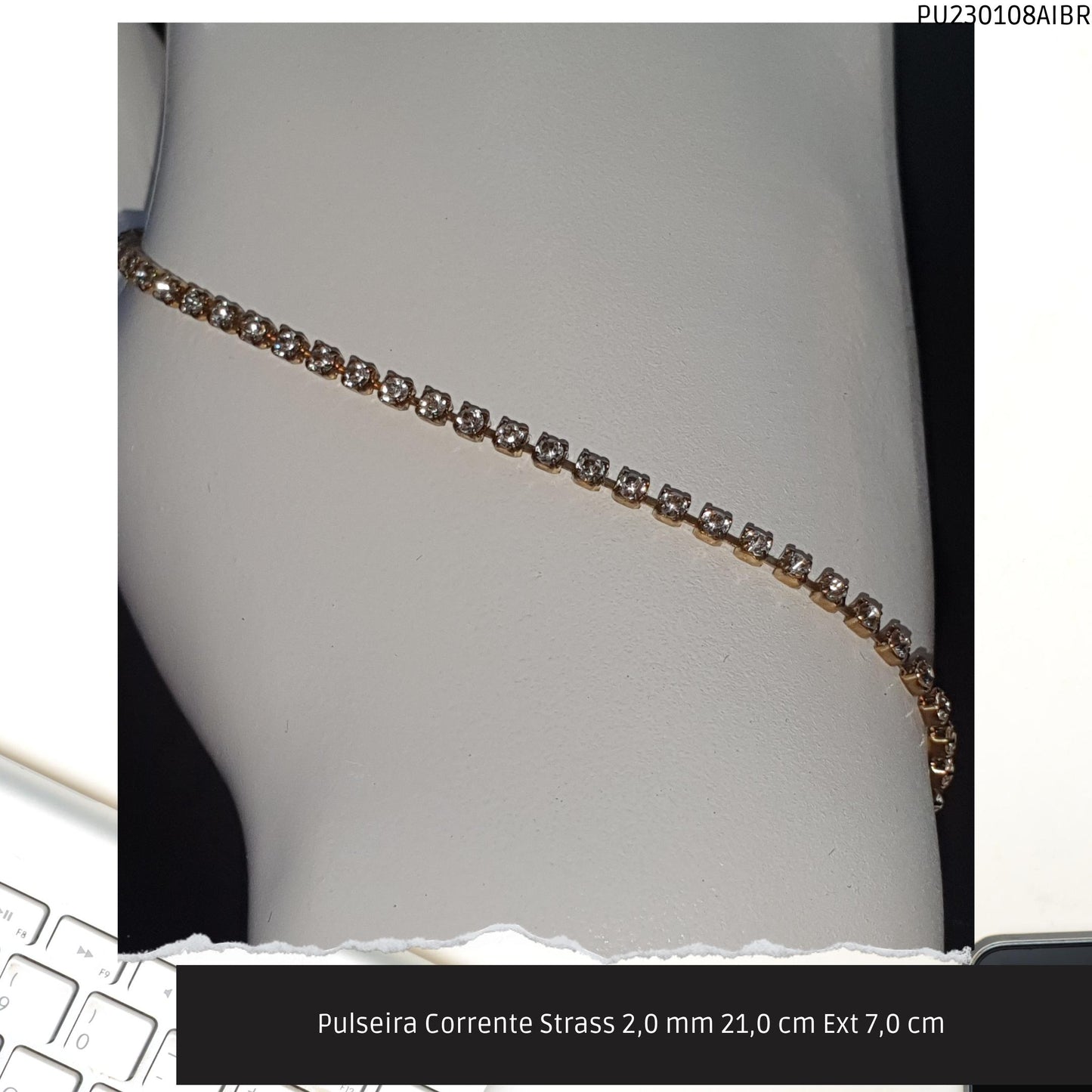 Pulseira Corrente Strass 2.0 mm 21.0 cm Ext 7.0 cm   - Código.: PU230108AIBR  - Peso.: 2.8 gr