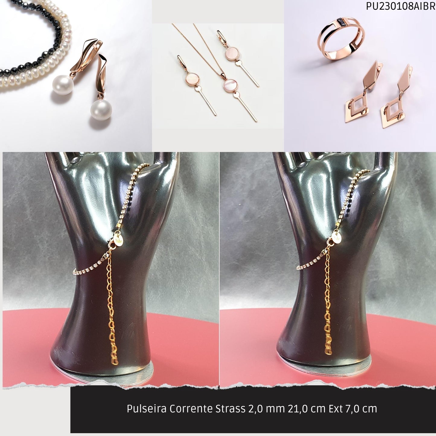 Pulseira Corrente Strass 2.0 mm 21.0 cm Ext 7.0 cm   - Código.: PU230108AIBR  - Peso.: 2.8 gr