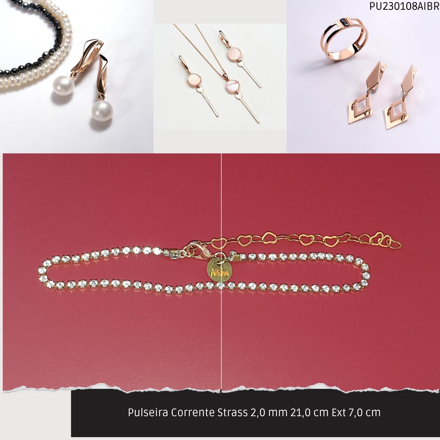 Pulseira Corrente Strass 2.0 mm 21.0 cm Ext 7.0 cm   - Código.: PU230108AIBR  - Peso.: 2.8 gr