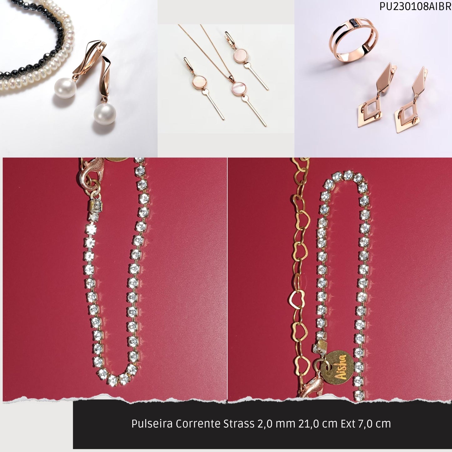 Pulseira Corrente Strass 2.0 mm 21.0 cm Ext 7.0 cm   - Código.: PU230108AIBR  - Peso.: 2.8 gr