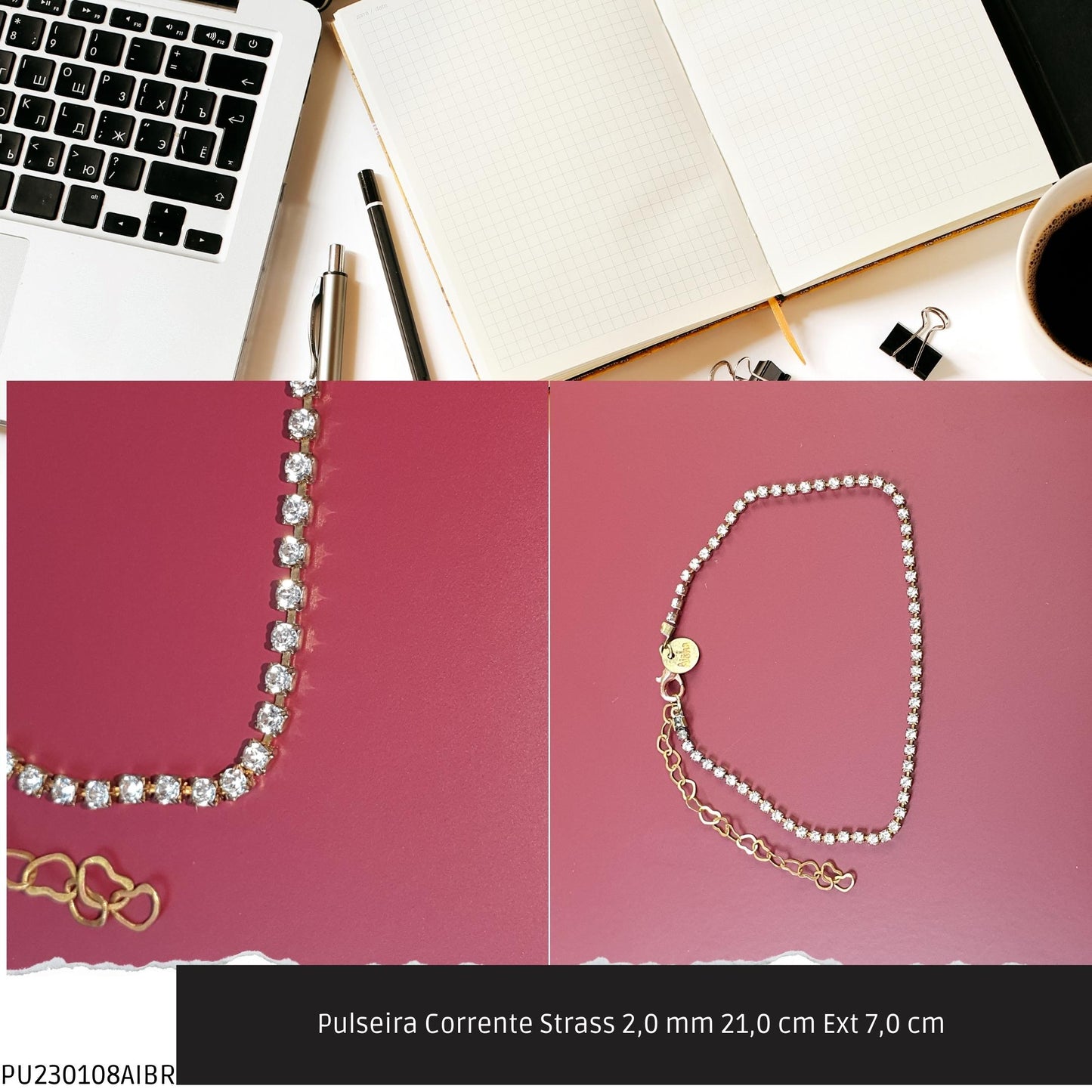 Pulseira Corrente Strass 2.0 mm 21.0 cm Ext 7.0 cm   - Código.: PU230108AIBR  - Peso.: 2.8 gr