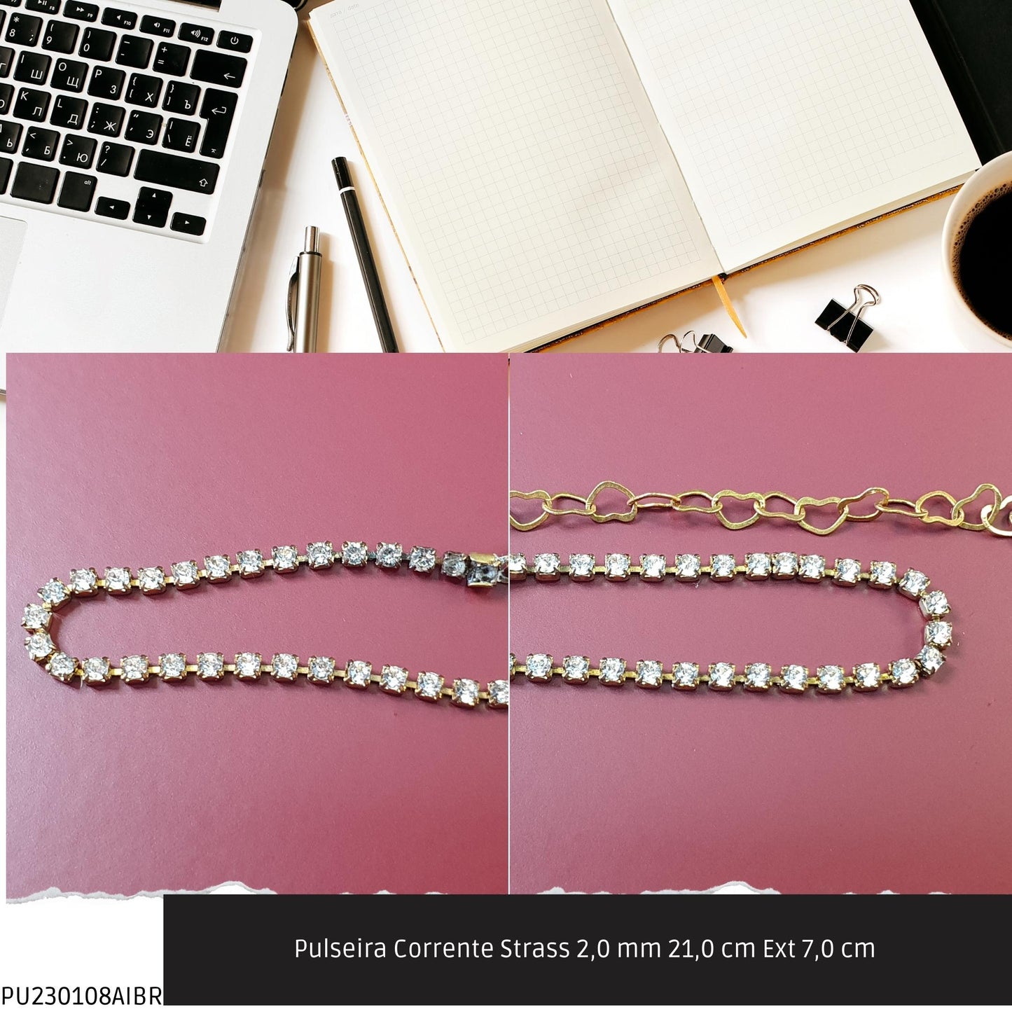Pulseira Corrente Strass 2.0 mm 21.0 cm Ext 7.0 cm   - Código.: PU230108AIBR  - Peso.: 2.8 gr