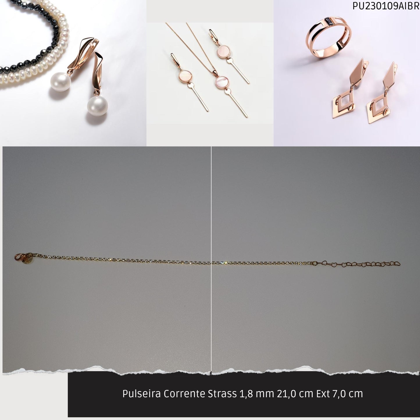 Pulseira Corrente Strass 1.8 mm 21.0 cm Ext 7.0 cm   - Código.: PU230109AIBR  - Peso.: 2.2 gr