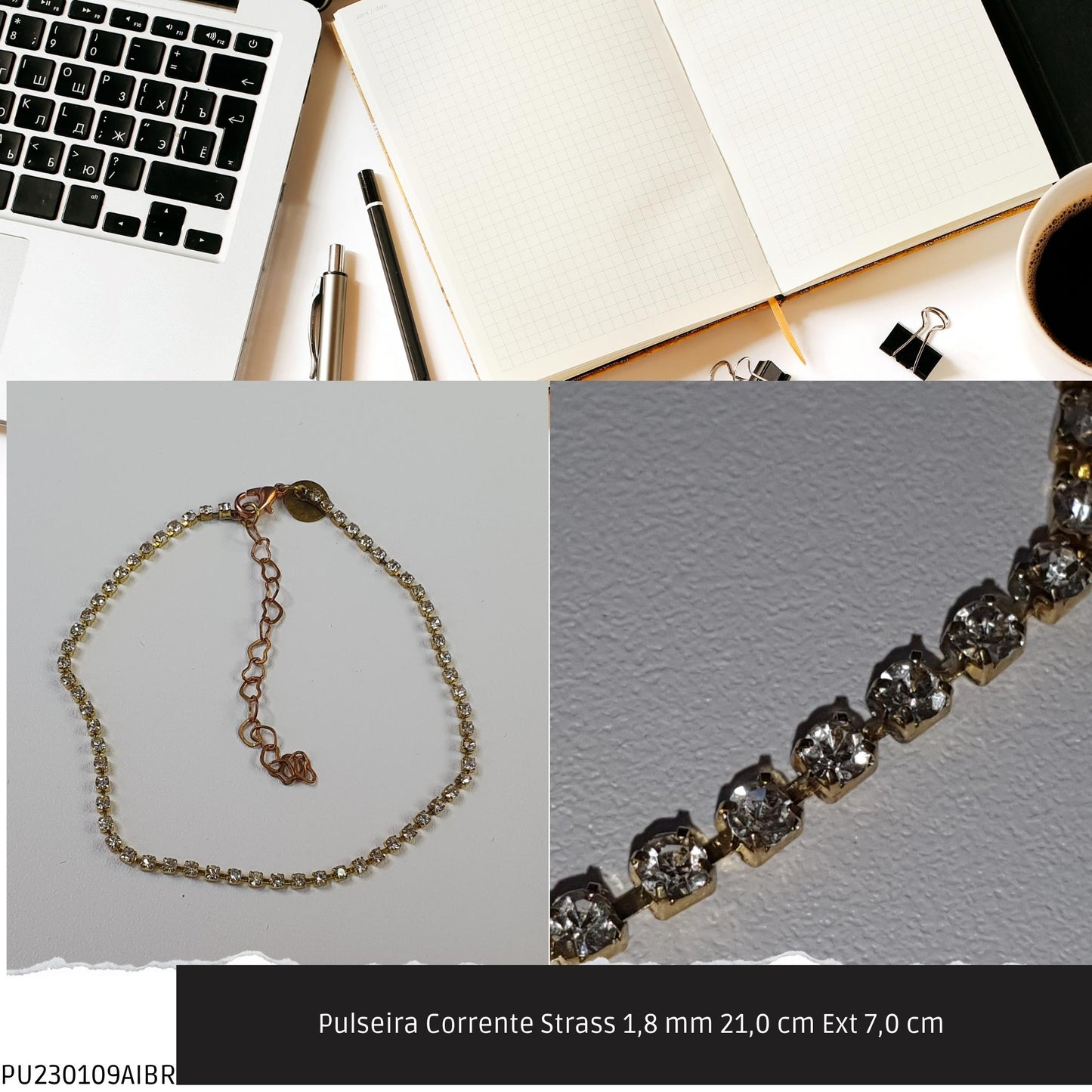 Pulseira Corrente Strass 1.8 mm 21.0 cm Ext 7.0 cm   - Código.: PU230109AIBR  - Peso.: 2.2 gr