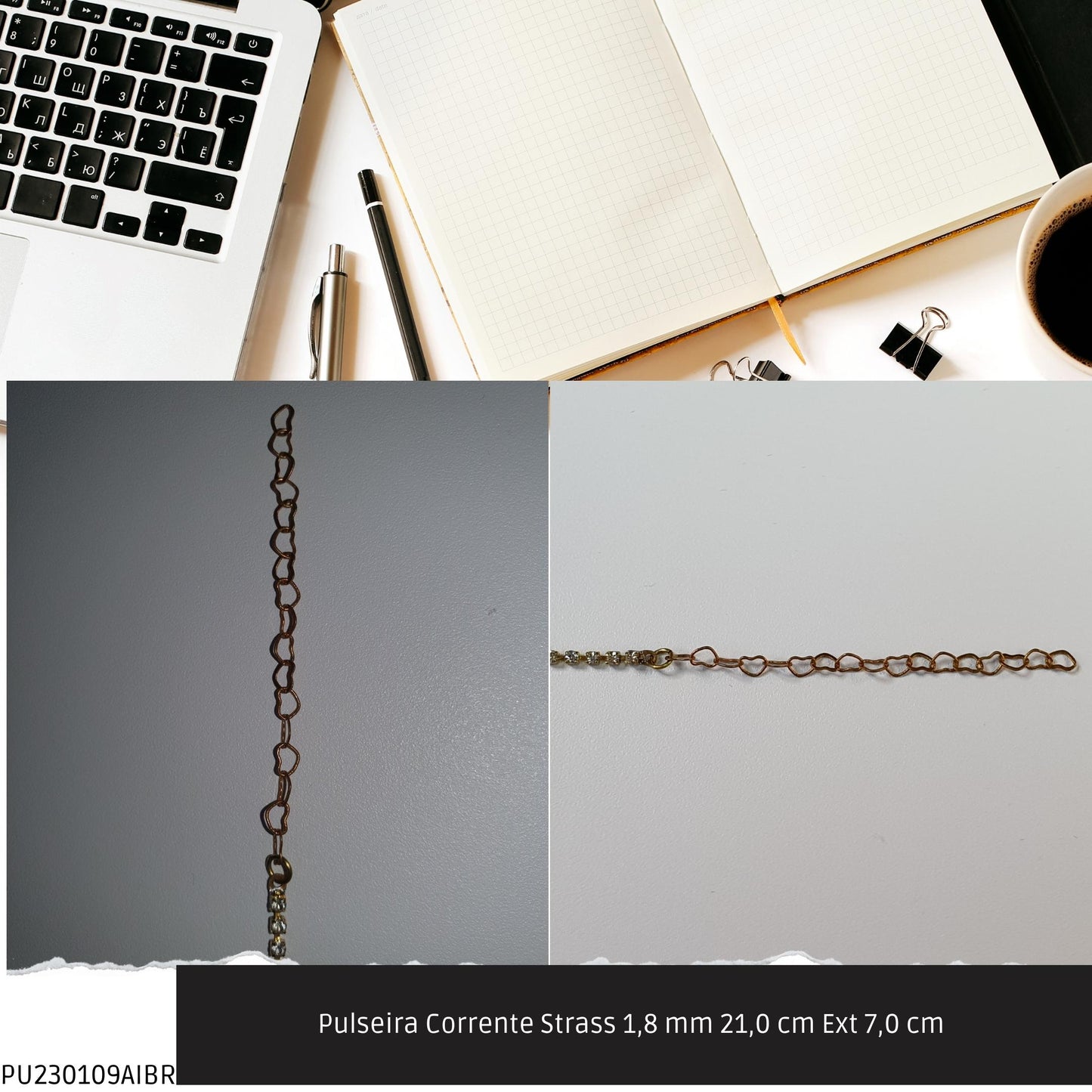 Pulseira Corrente Strass 1.8 mm 21.0 cm Ext 7.0 cm   - Código.: PU230109AIBR  - Peso.: 2.2 gr