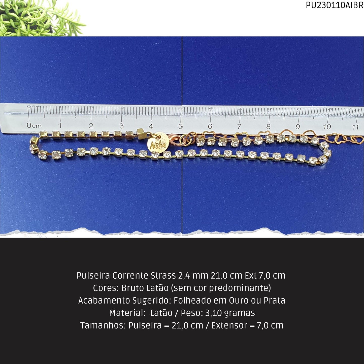 Pulseira Corrente Strass 2.4 mm 21.0 cm Ext 7.0 cm   - Código.: PU230110AIBR  - Peso.: 3.1 gr