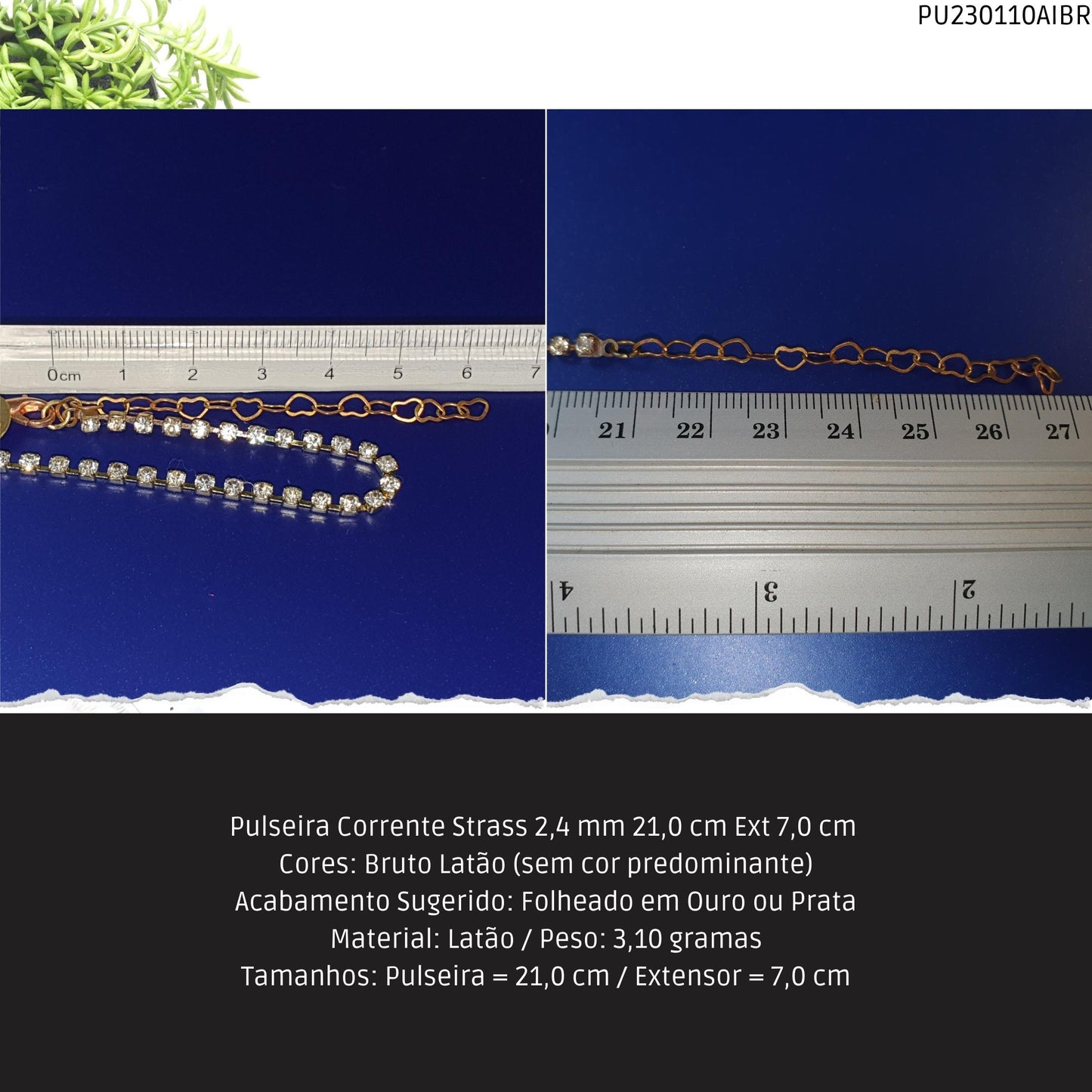 Pulseira Corrente Strass 2.4 mm 21.0 cm Ext 7.0 cm   - Código.: PU230110AIBR  - Peso.: 3.1 gr