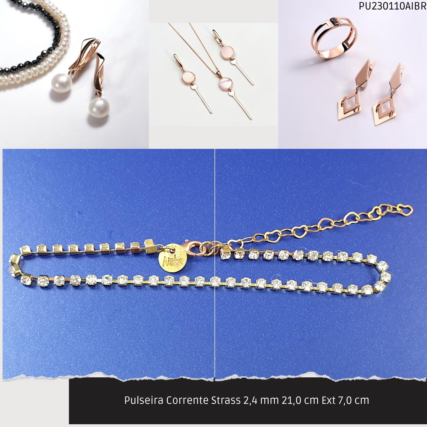 Pulseira Corrente Strass 2.4 mm 21.0 cm Ext 7.0 cm   - Código.: PU230110AIBR  - Peso.: 3.1 gr
