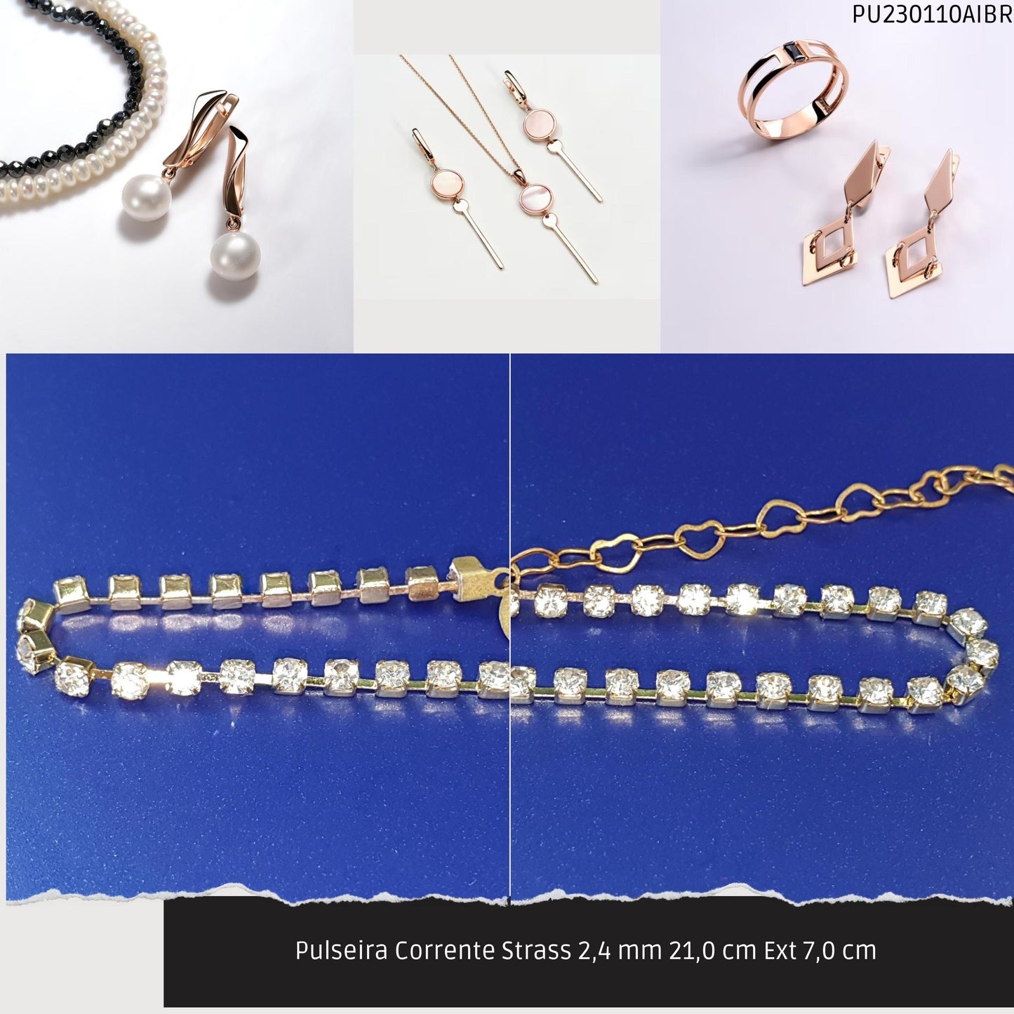 Pulseira Corrente Strass 2.4 mm 21.0 cm Ext 7.0 cm   - Código.: PU230110AIBR  - Peso.: 3.1 gr