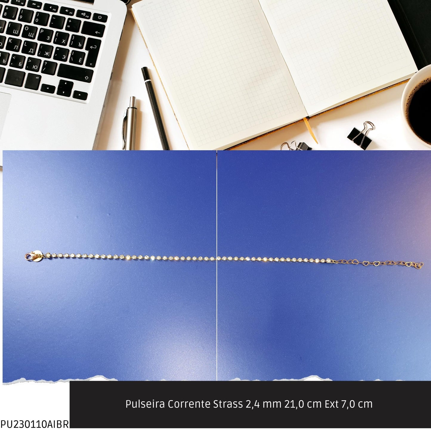 Pulseira Corrente Strass 2.4 mm 21.0 cm Ext 7.0 cm   - Código.: PU230110AIBR  - Peso.: 3.1 gr
