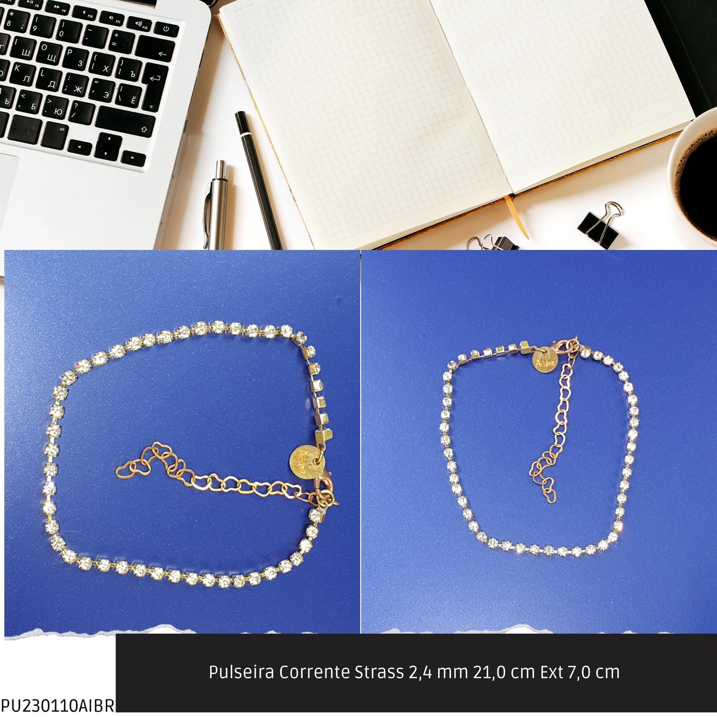 Pulseira Corrente Strass 2.4 mm 21.0 cm Ext 7.0 cm   - Código.: PU230110AIBR  - Peso.: 3.1 gr