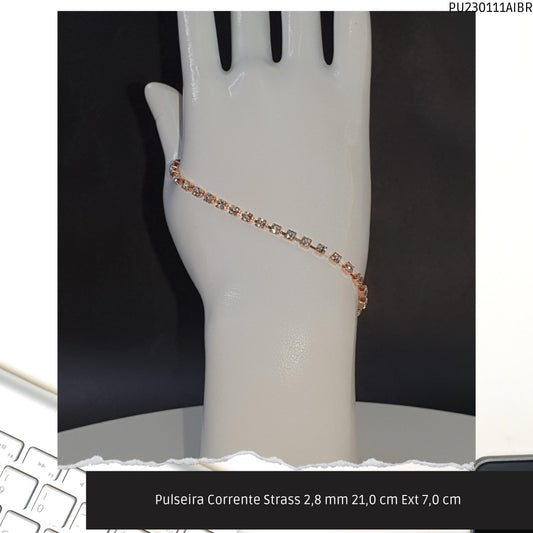 Pulseira Corrente Strass 2.8 mm 21.0 cm Ext 7.0 cm   - Código.: PU230111AIBR  - Peso.: 3.9 gr