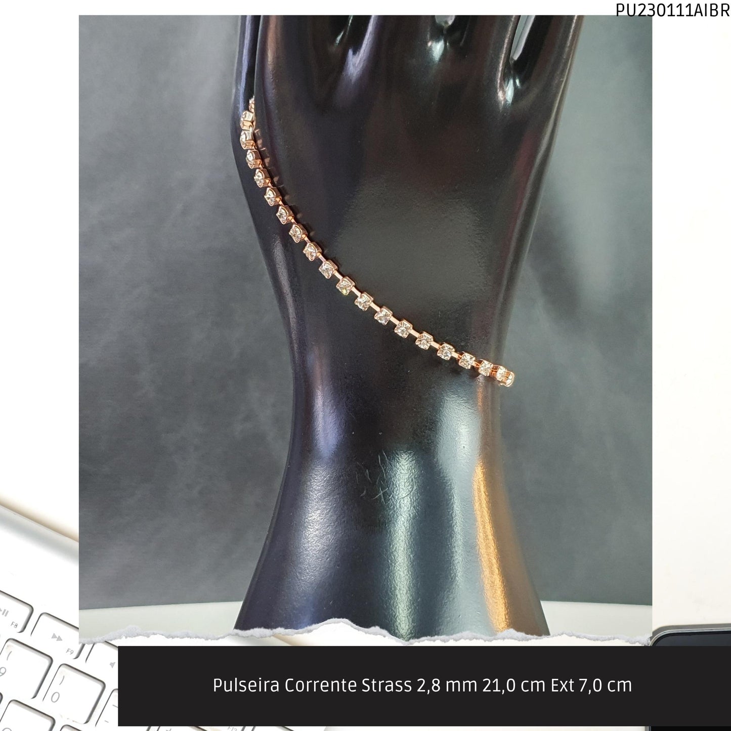 Pulseira Corrente Strass 2.8 mm 21.0 cm Ext 7.0 cm   - Código.: PU230111AIBR  - Peso.: 3.9 gr