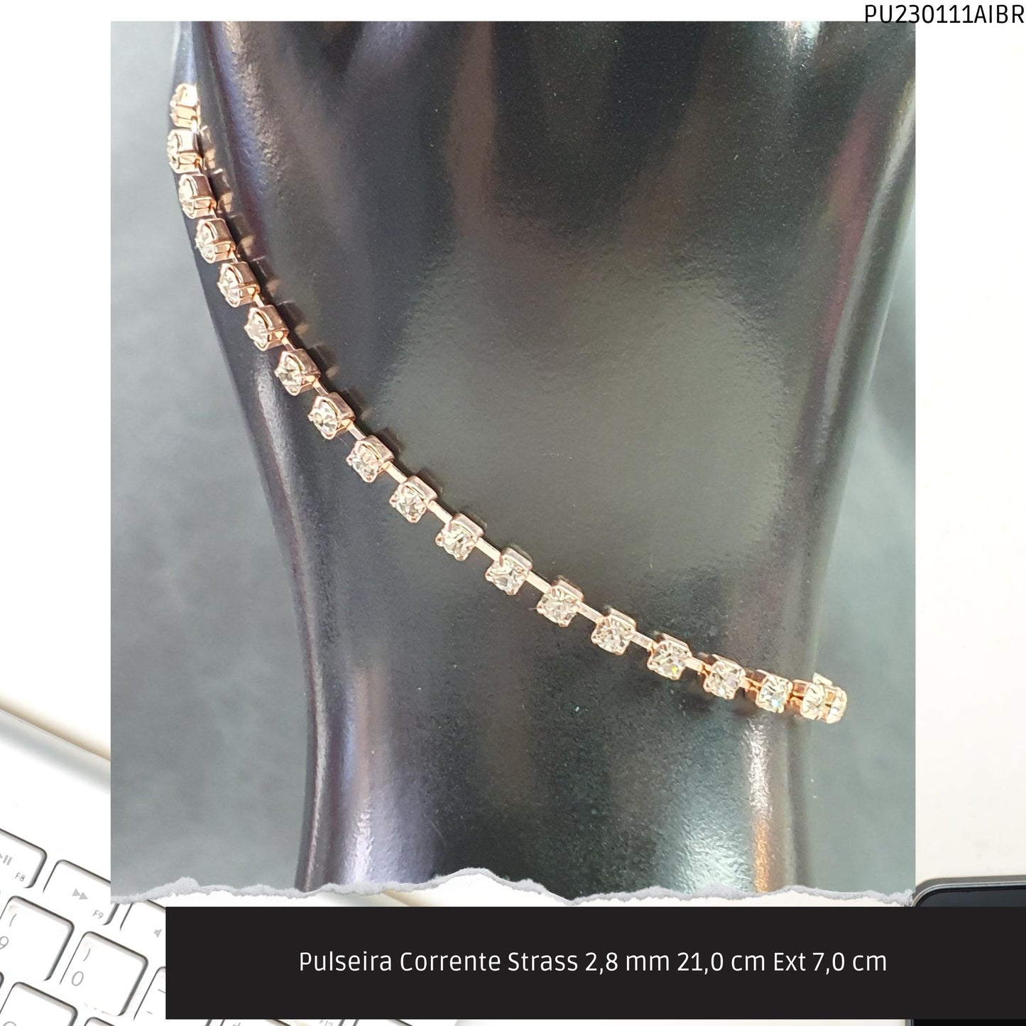 Pulseira Corrente Strass 2.8 mm 21.0 cm Ext 7.0 cm   - Código.: PU230111AIBR  - Peso.: 3.9 gr
