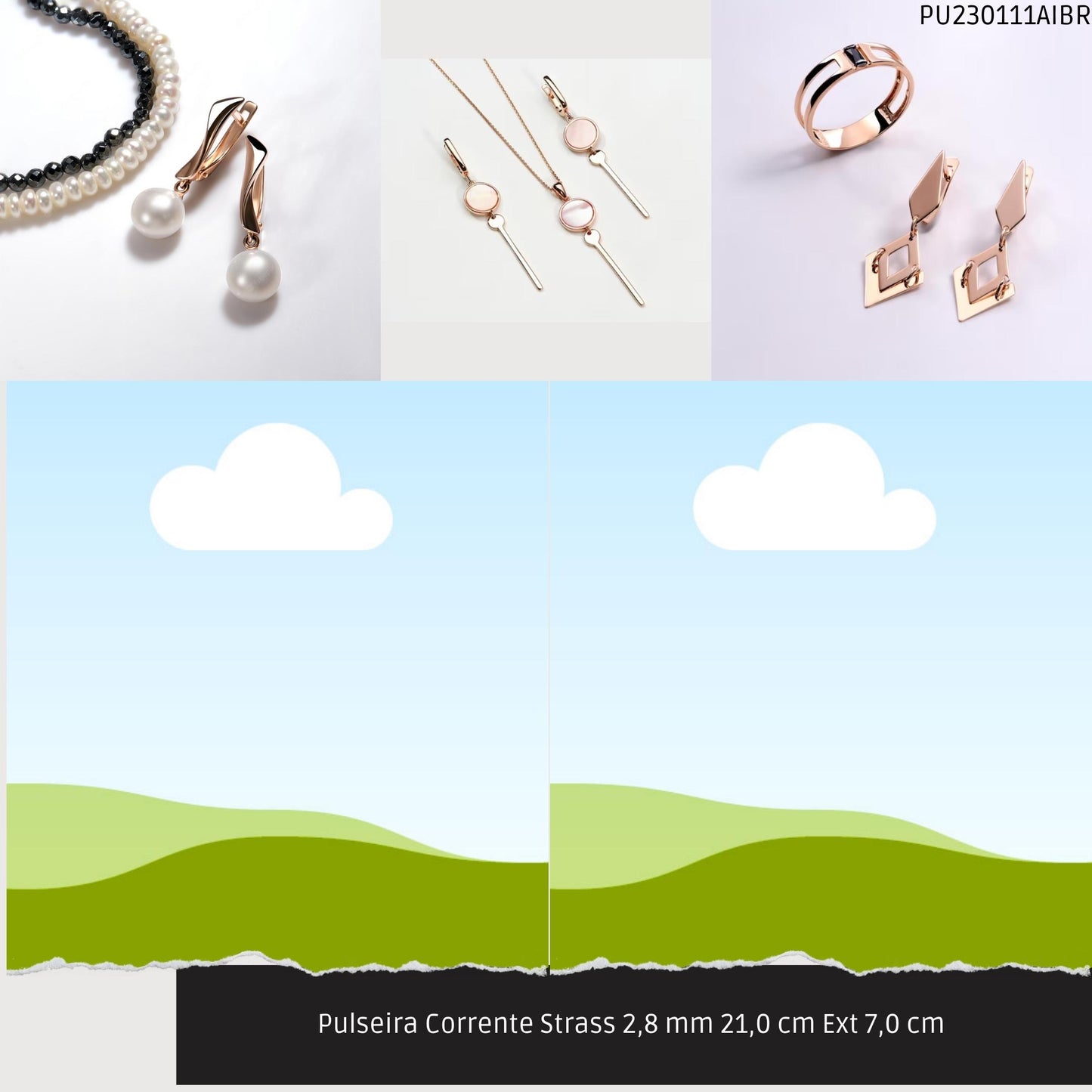 Pulseira Corrente Strass 2.8 mm 21.0 cm Ext 7.0 cm   - Código.: PU230111AIBR  - Peso.: 3.9 gr