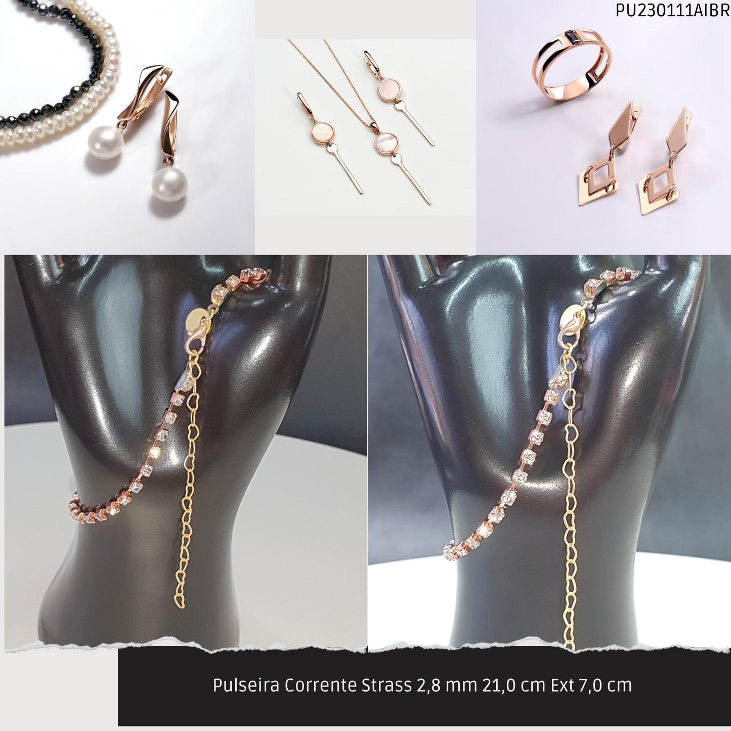 Pulseira Corrente Strass 2.8 mm 21.0 cm Ext 7.0 cm   - Código.: PU230111AIBR  - Peso.: 3.9 gr