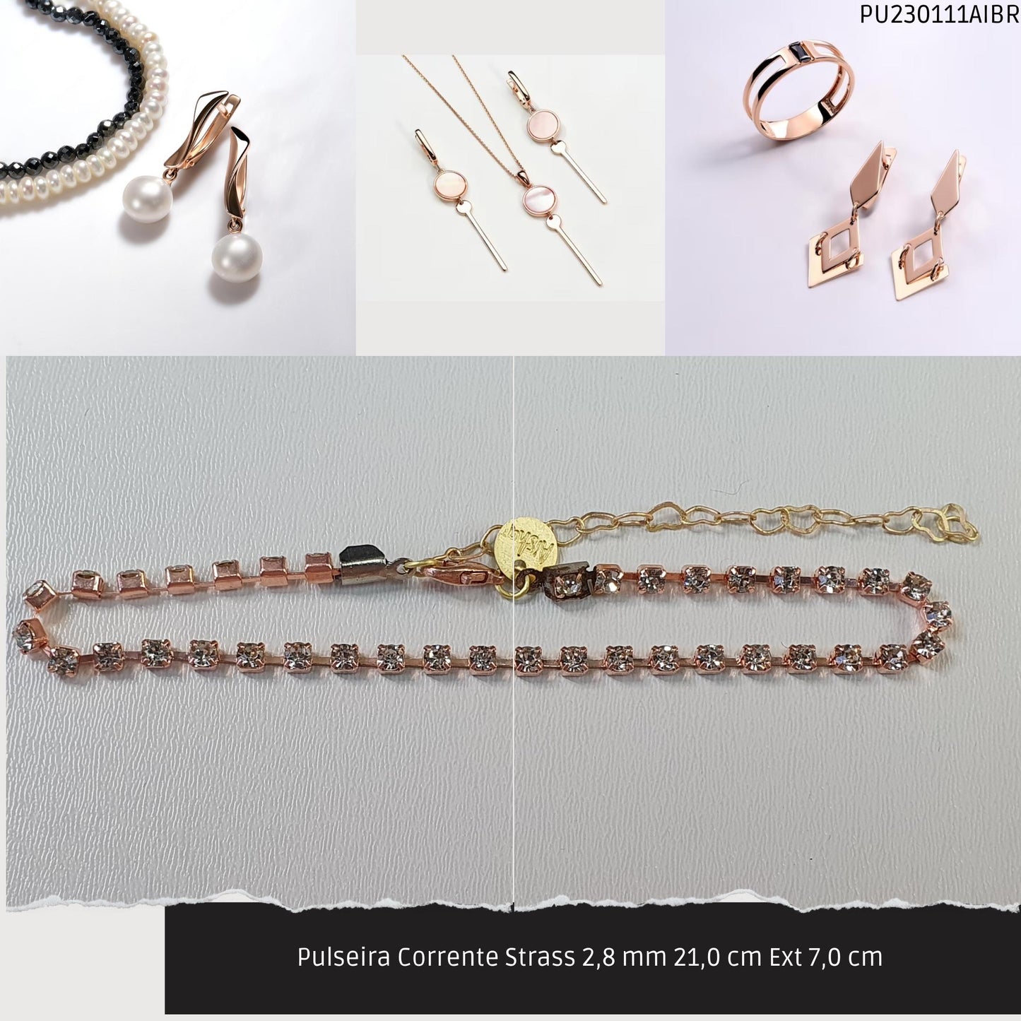 Pulseira Corrente Strass 2.8 mm 21.0 cm Ext 7.0 cm   - Código.: PU230111AIBR  - Peso.: 3.9 gr