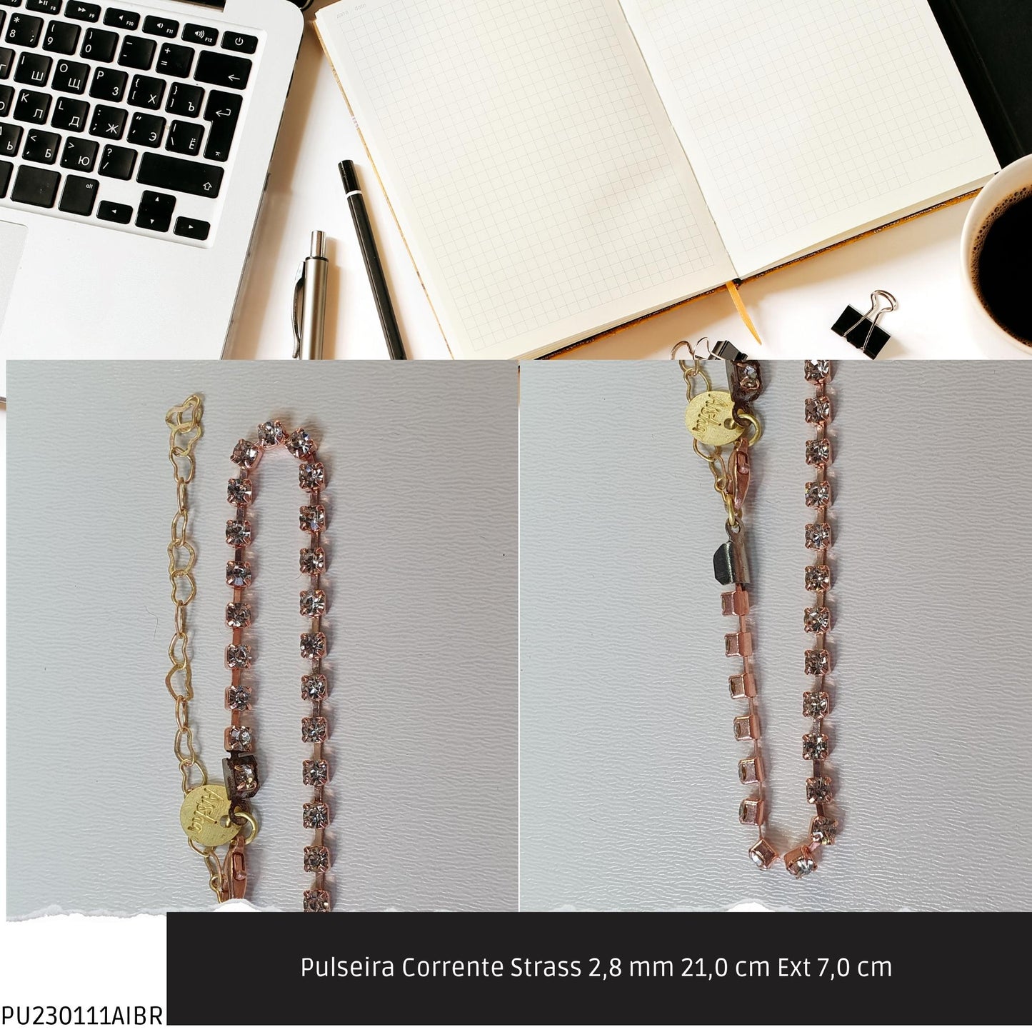 Pulseira Corrente Strass 2.8 mm 21.0 cm Ext 7.0 cm   - Código.: PU230111AIBR  - Peso.: 3.9 gr