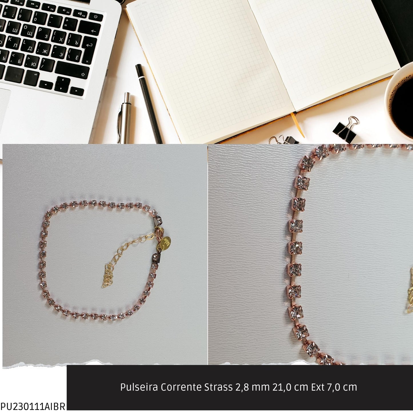 Pulseira Corrente Strass 2.8 mm 21.0 cm Ext 7.0 cm   - Código.: PU230111AIBR  - Peso.: 3.9 gr
