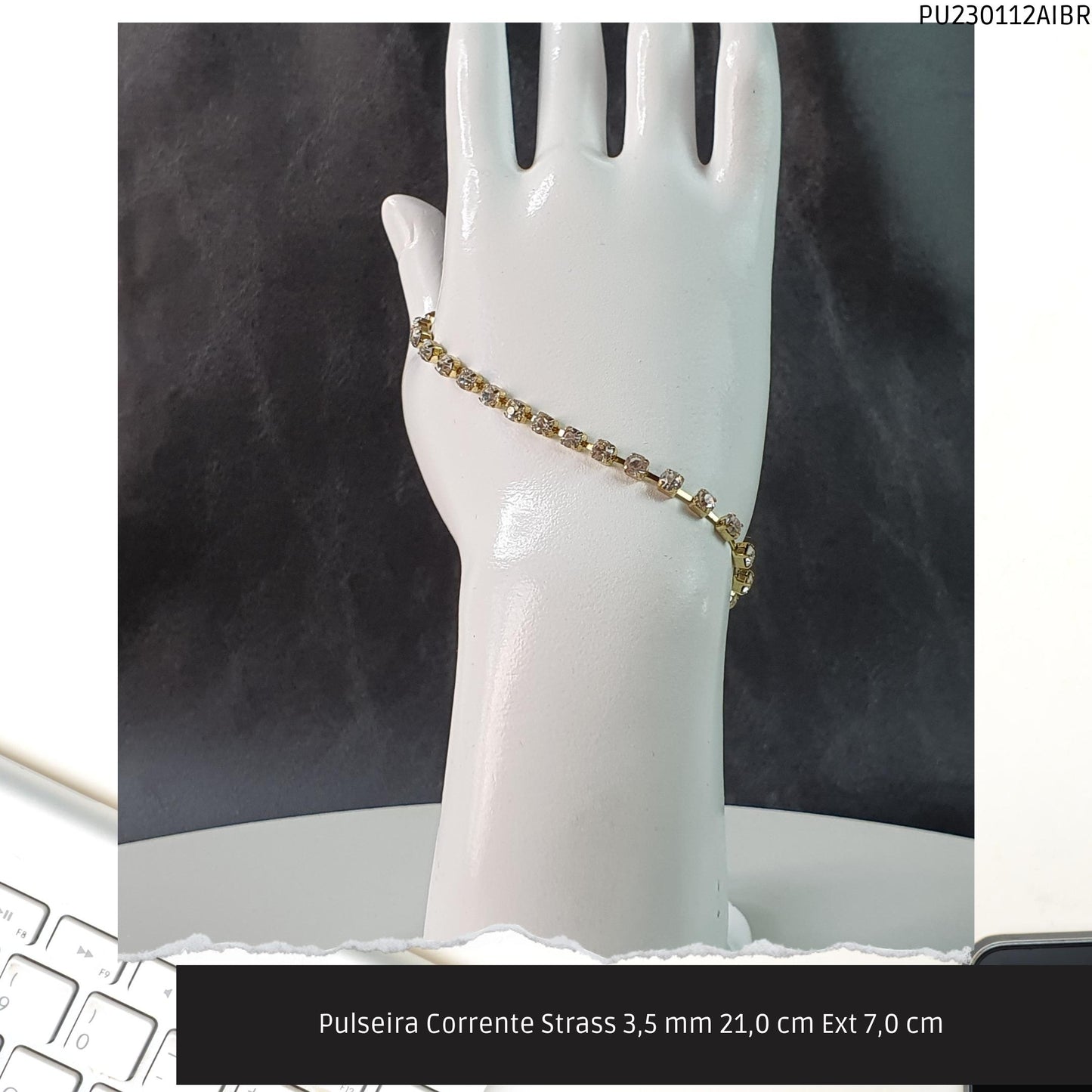 Pulseira Corrente Strass 3.5 mm 21.0 cm Ext 7.0 cm   - Código.: PU230112AIBR  - Peso.: 5.0 gr