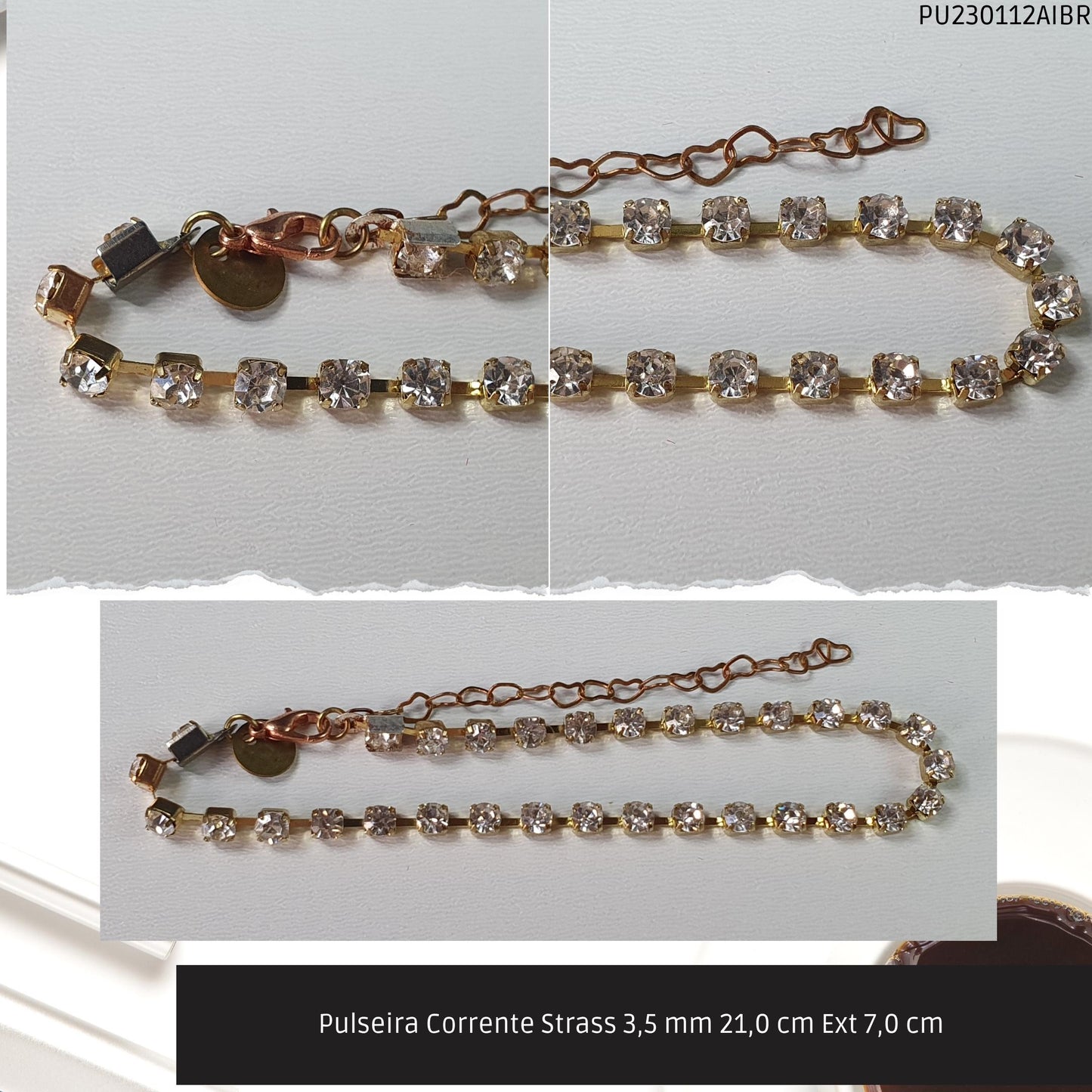 Pulseira Corrente Strass 3.5 mm 21.0 cm Ext 7.0 cm   - Código.: PU230112AIBR  - Peso.: 5.0 gr