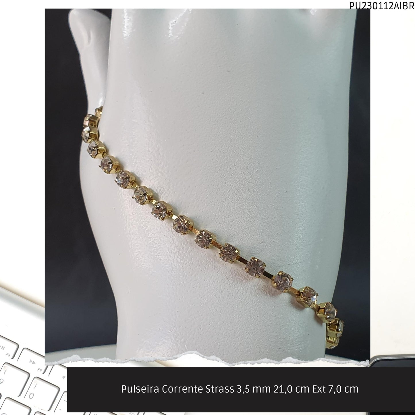 Pulseira Corrente Strass 3.5 mm 21.0 cm Ext 7.0 cm   - Código.: PU230112AIBR  - Peso.: 5.0 gr