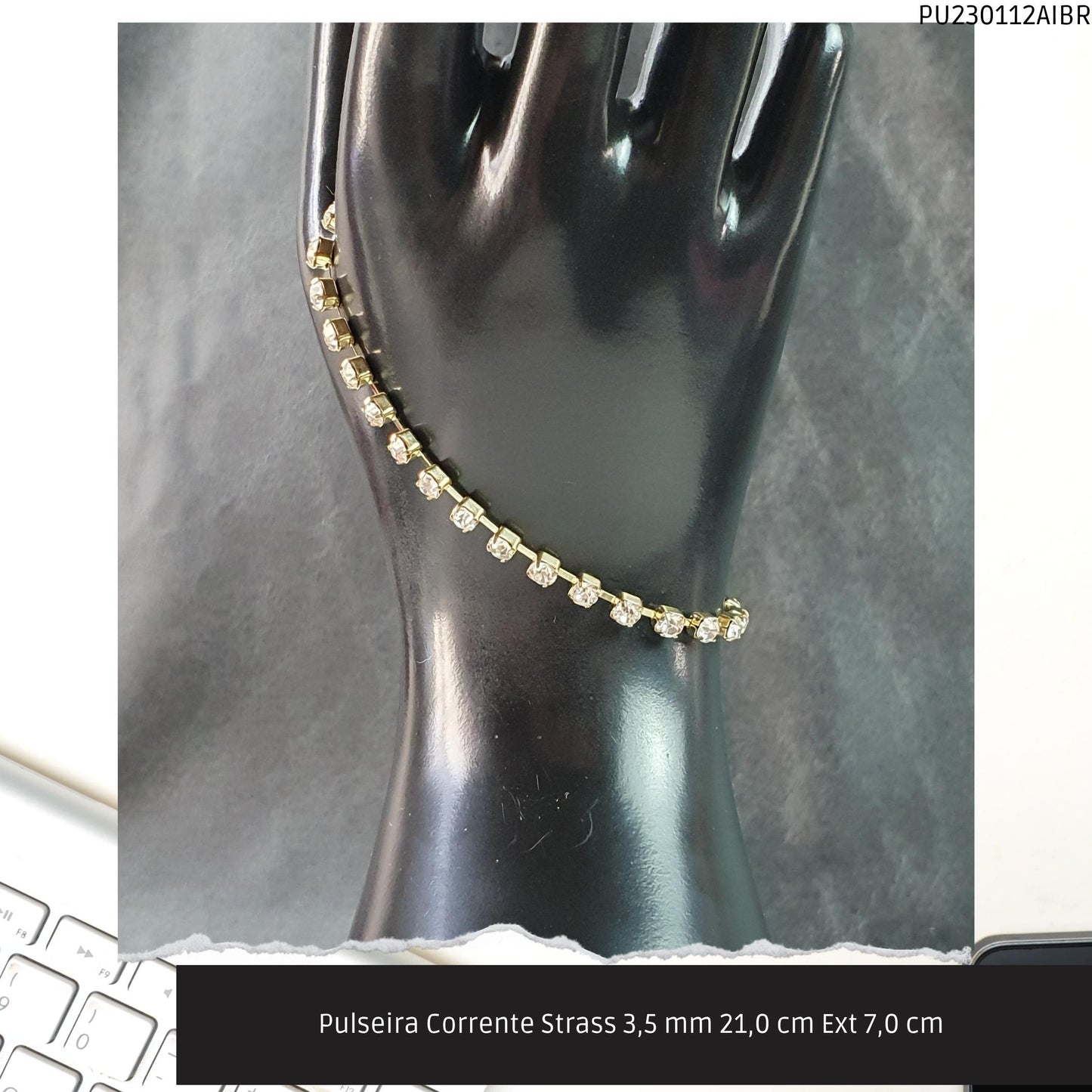 Pulseira Corrente Strass 3.5 mm 21.0 cm Ext 7.0 cm   - Código.: PU230112AIBR  - Peso.: 5.0 gr