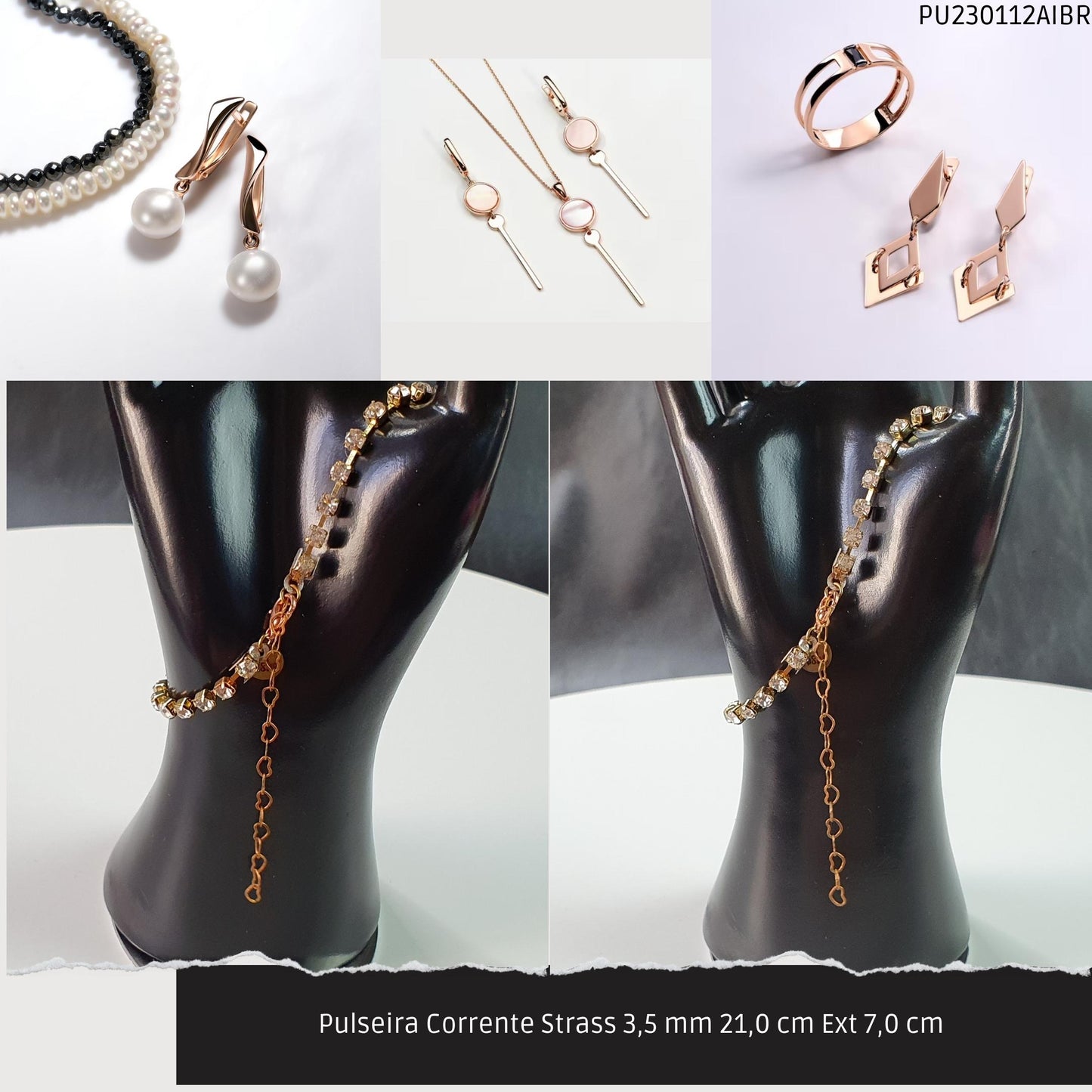 Pulseira Corrente Strass 3.5 mm 21.0 cm Ext 7.0 cm   - Código.: PU230112AIBR  - Peso.: 5.0 gr
