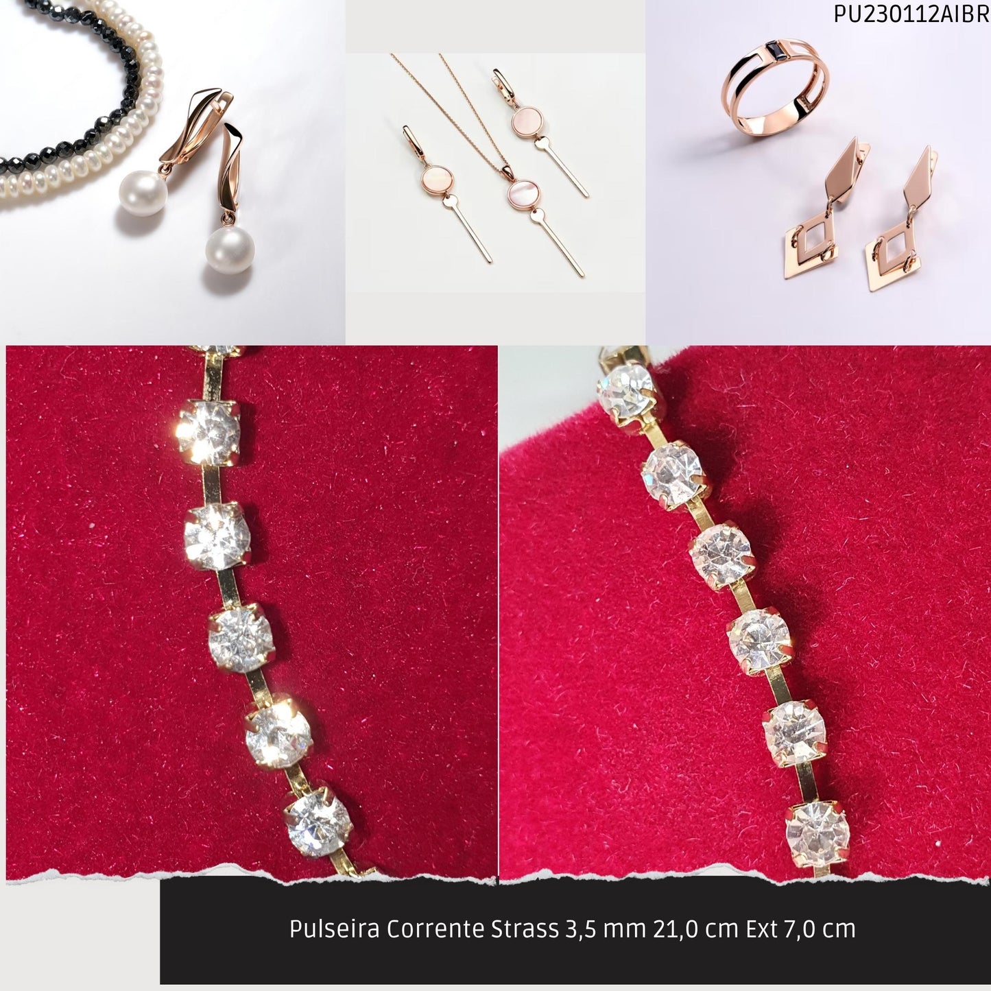 Pulseira Corrente Strass 3.5 mm 21.0 cm Ext 7.0 cm   - Código.: PU230112AIBR  - Peso.: 5.0 gr