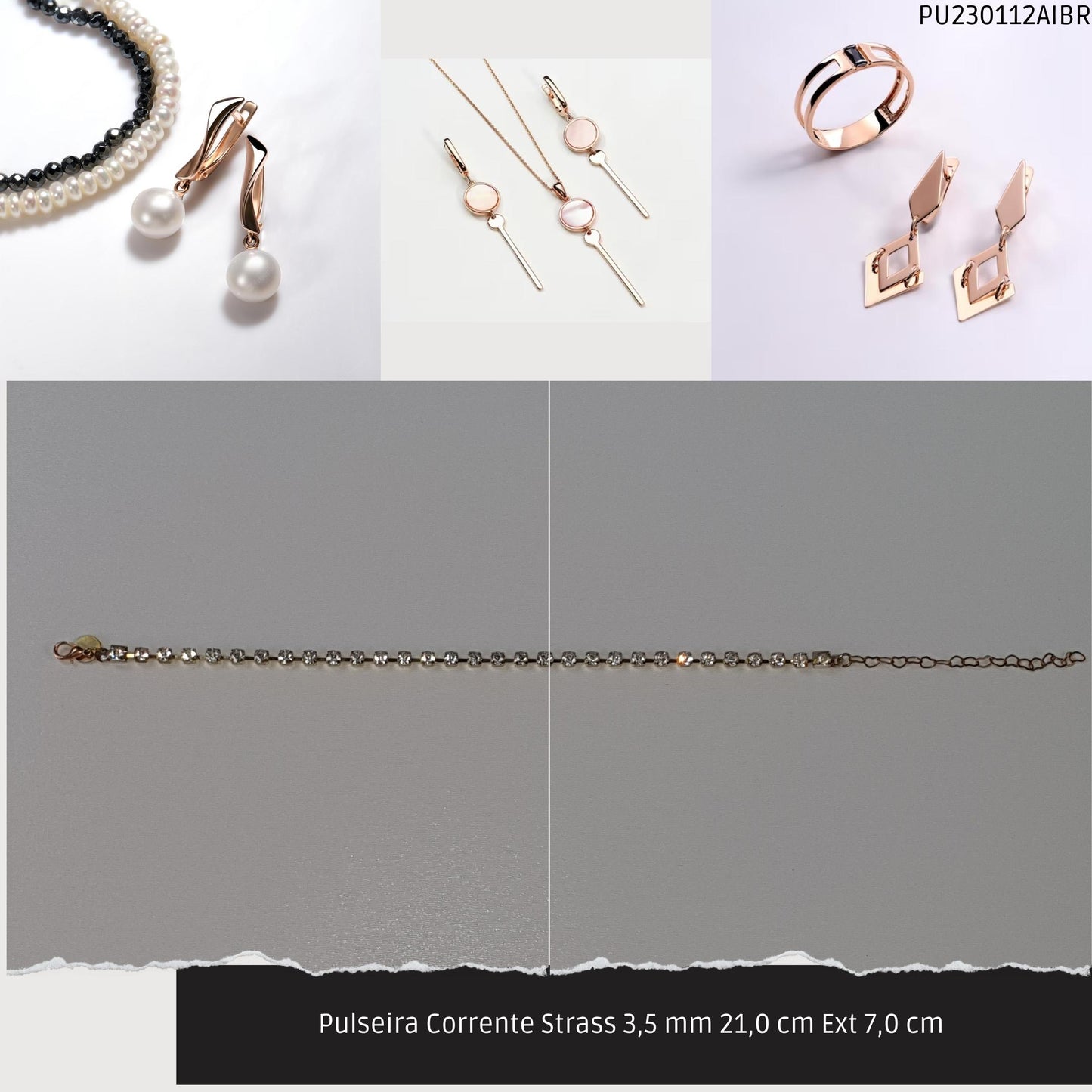 Pulseira Corrente Strass 3.5 mm 21.0 cm Ext 7.0 cm   - Código.: PU230112AIBR  - Peso.: 5.0 gr