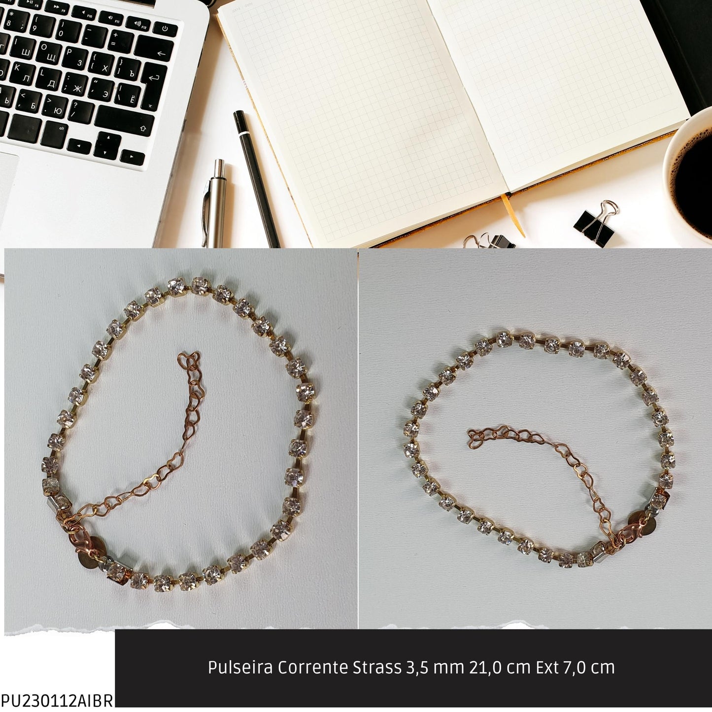 Pulseira Corrente Strass 3.5 mm 21.0 cm Ext 7.0 cm   - Código.: PU230112AIBR  - Peso.: 5.0 gr