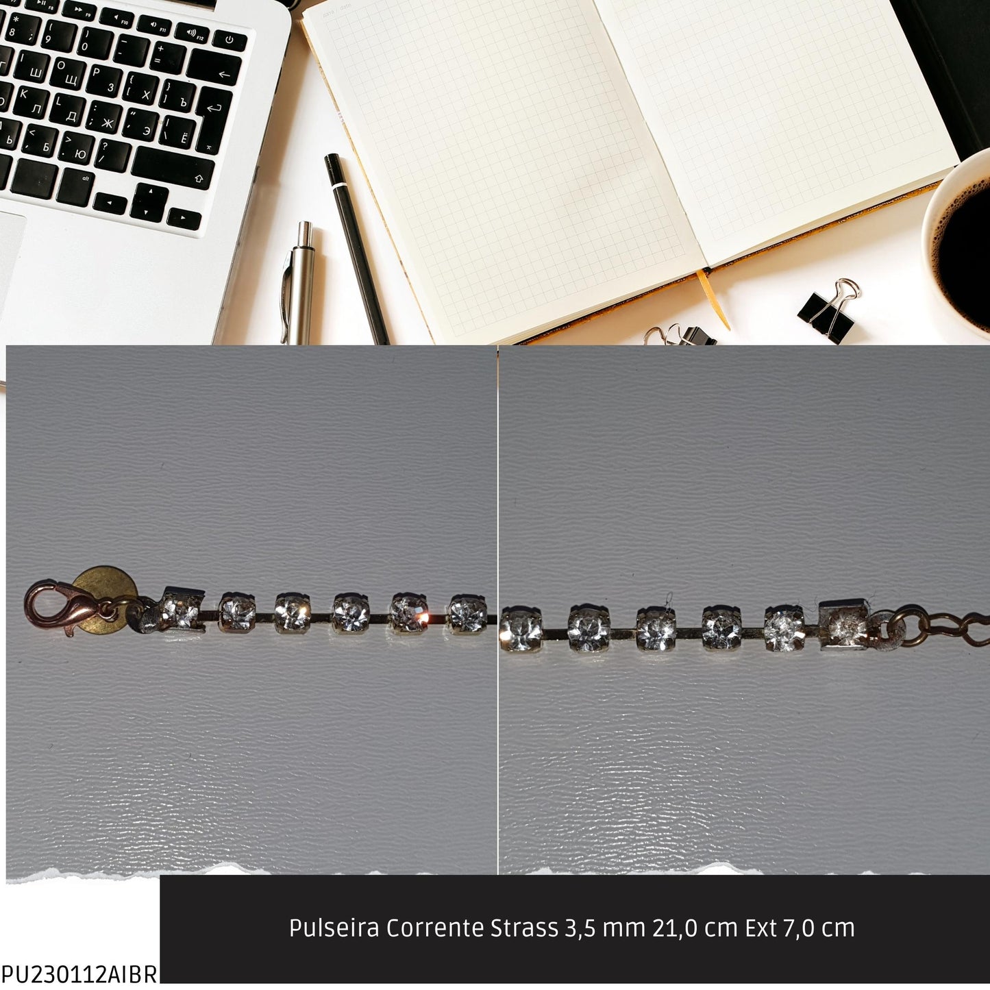 Pulseira Corrente Strass 3.5 mm 21.0 cm Ext 7.0 cm   - Código.: PU230112AIBR  - Peso.: 5.0 gr