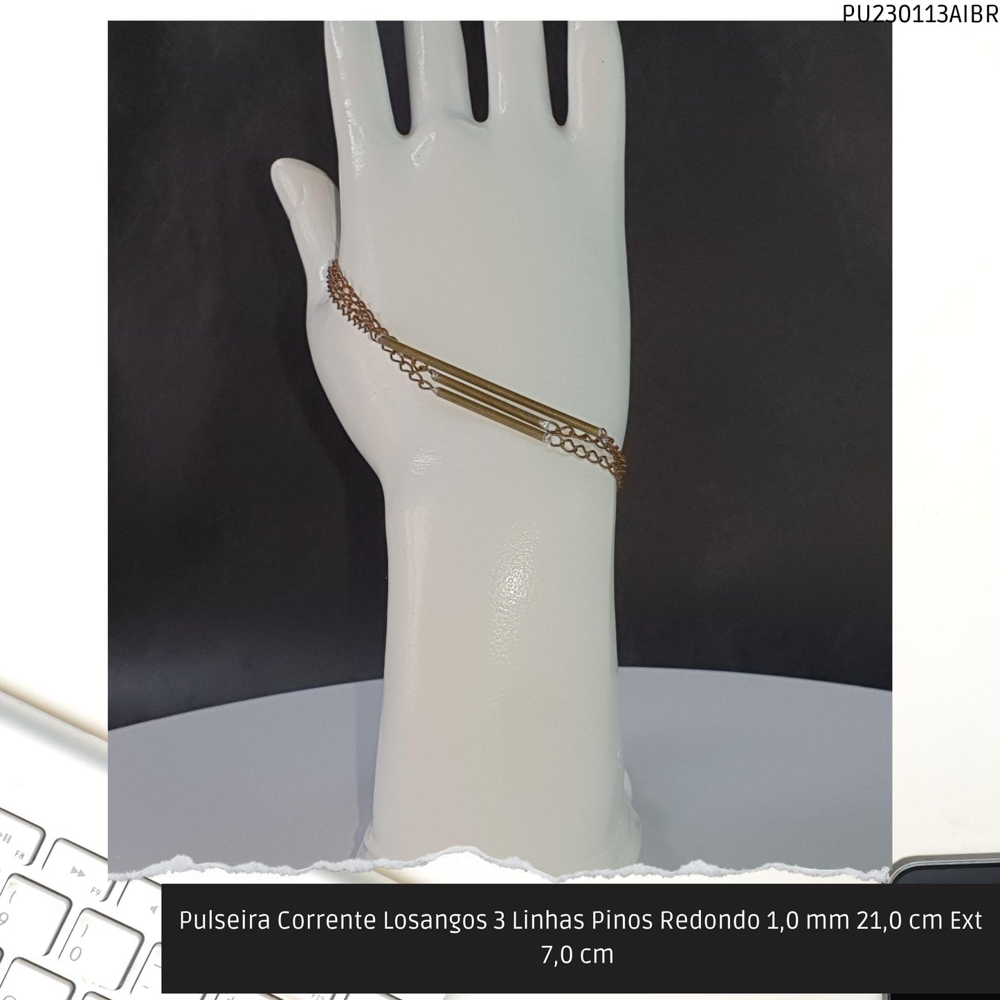 Pulseira Corrente Losangos 3 Linhas Pinos Redondo 1.0 mm 21.0 cm Ext 7.0 cm   - Código.: PU230113AIBR  - Peso.: 6.0 gr