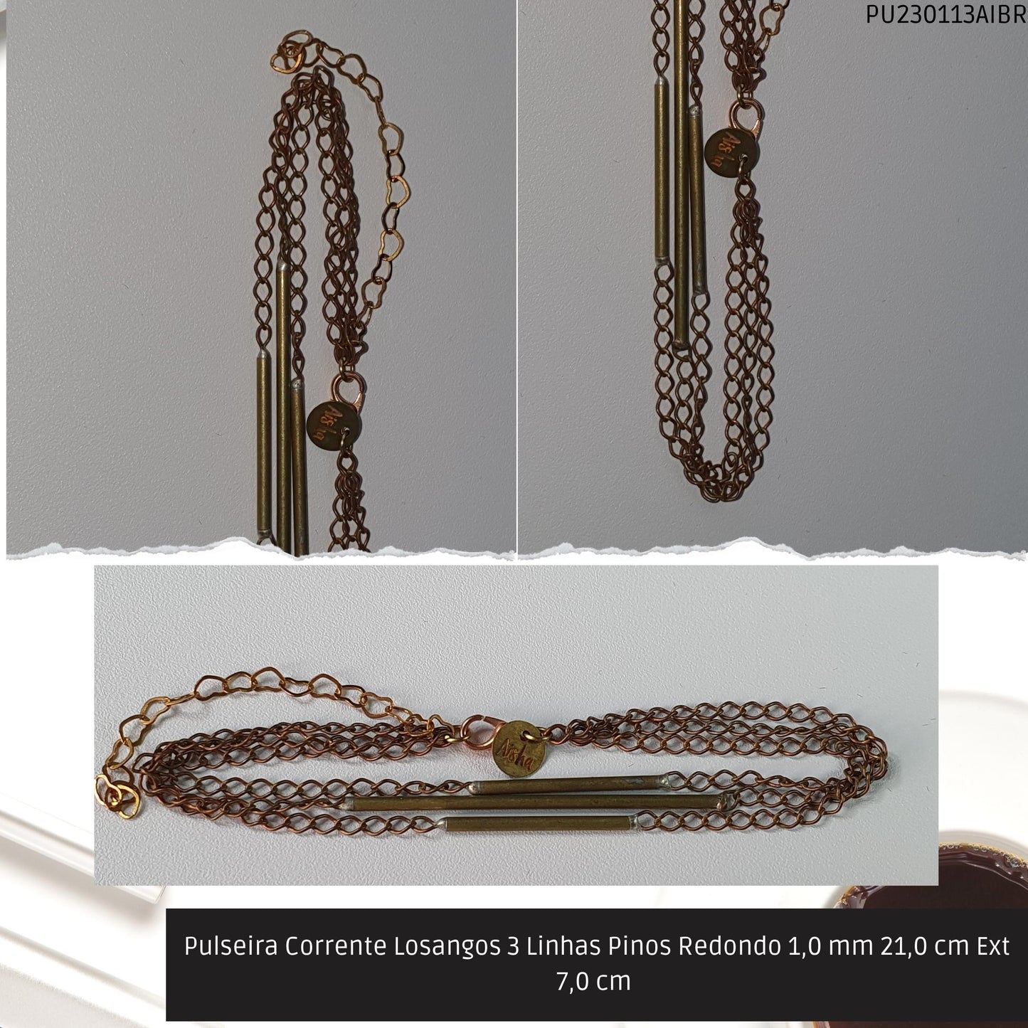 Pulseira Corrente Losangos 3 Linhas Pinos Redondo 1.0 mm 21.0 cm Ext 7.0 cm   - Código.: PU230113AIBR  - Peso.: 6.0 gr