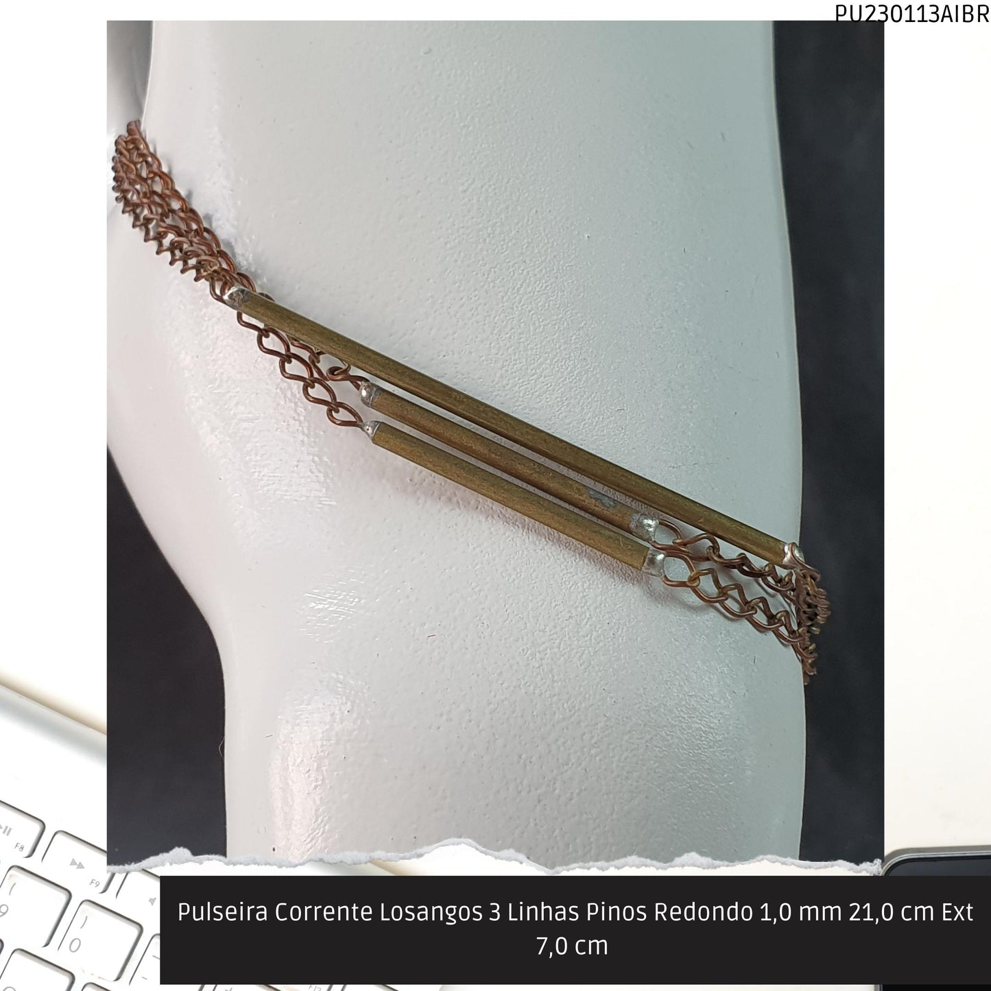 Pulseira Corrente Losangos 3 Linhas Pinos Redondo 1.0 mm 21.0 cm Ext 7.0 cm   - Código.: PU230113AIBR  - Peso.: 6.0 gr