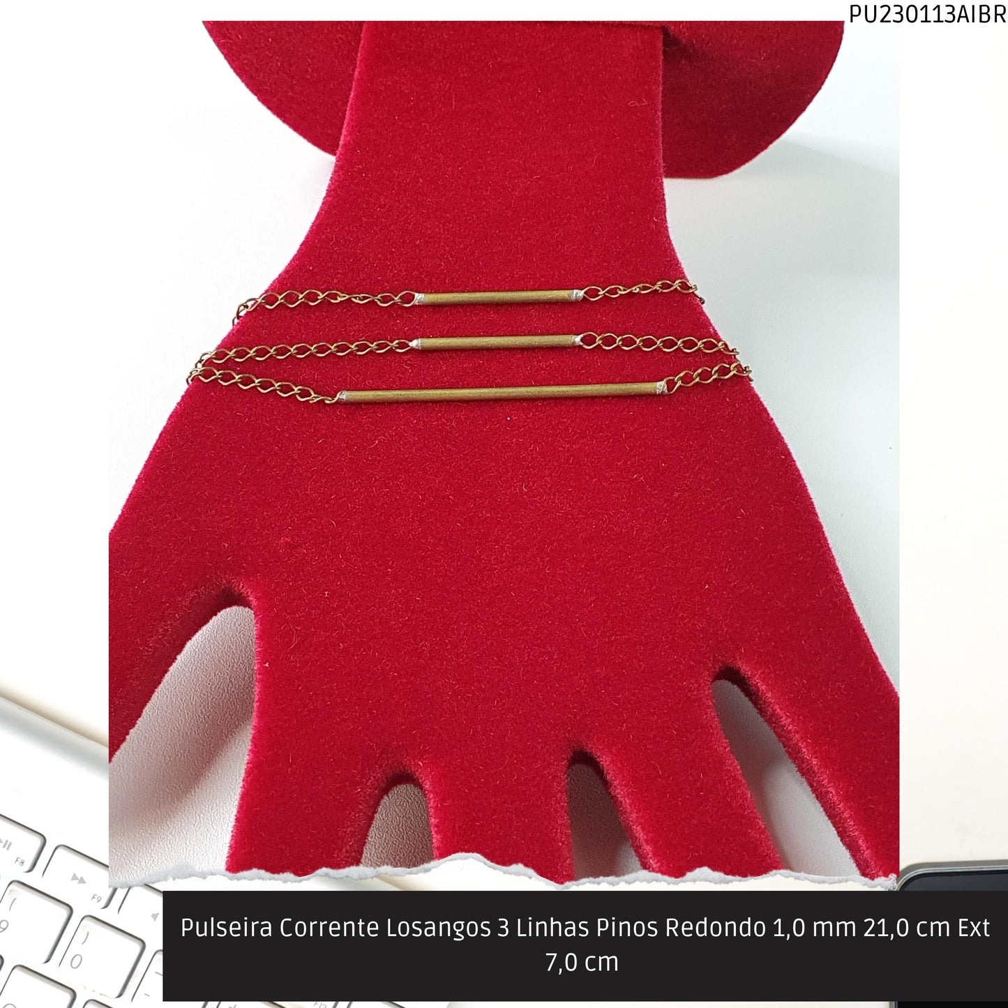 Pulseira Corrente Losangos 3 Linhas Pinos Redondo 1.0 mm 21.0 cm Ext 7.0 cm   - Código.: PU230113AIBR  - Peso.: 6.0 gr