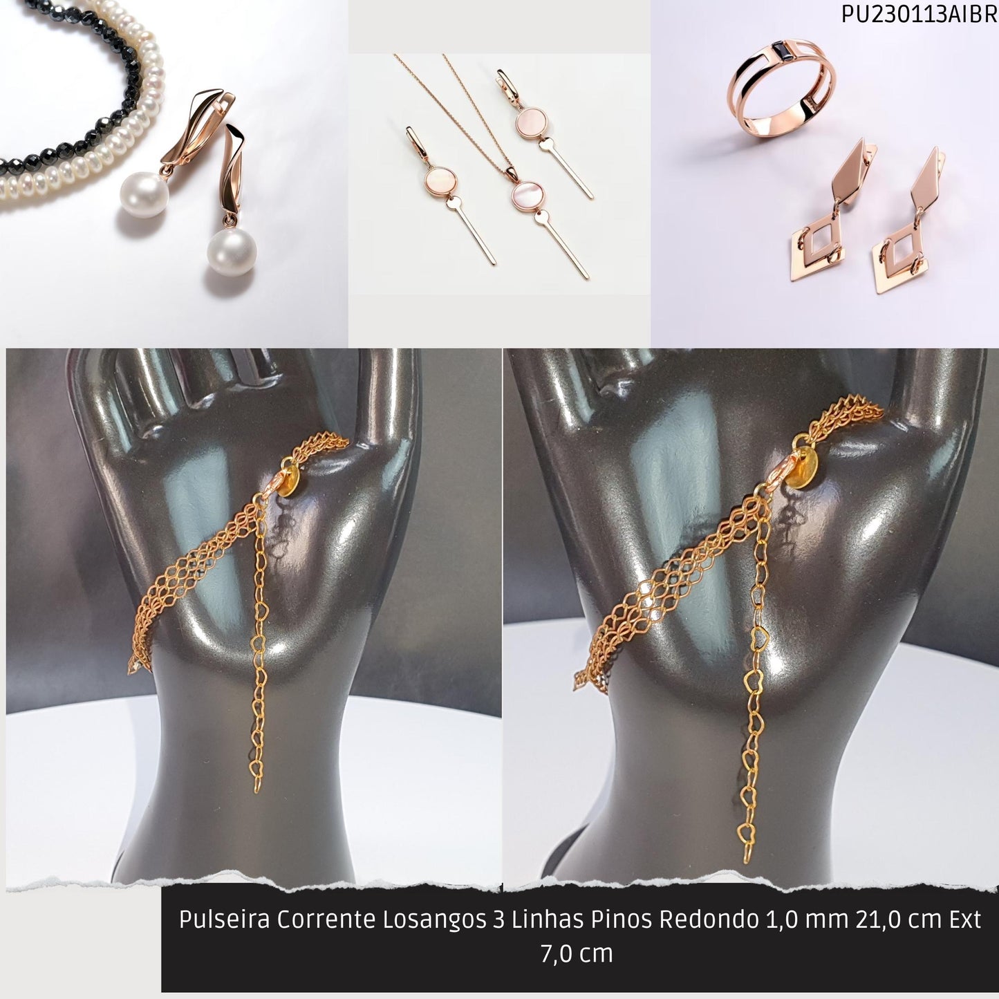 Pulseira Corrente Losangos 3 Linhas Pinos Redondo 1.0 mm 21.0 cm Ext 7.0 cm   - Código.: PU230113AIBR  - Peso.: 6.0 gr